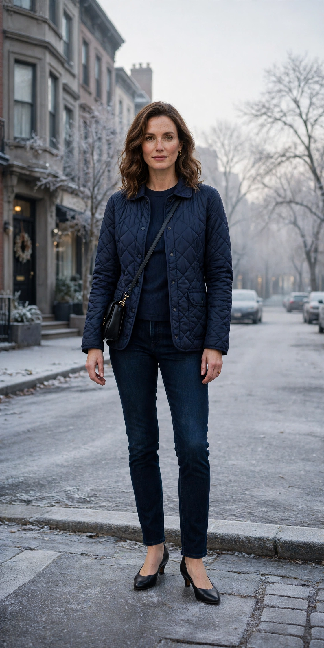 Navy thermal base layer, quilted jacket with dark jeans and low-heeled pumps