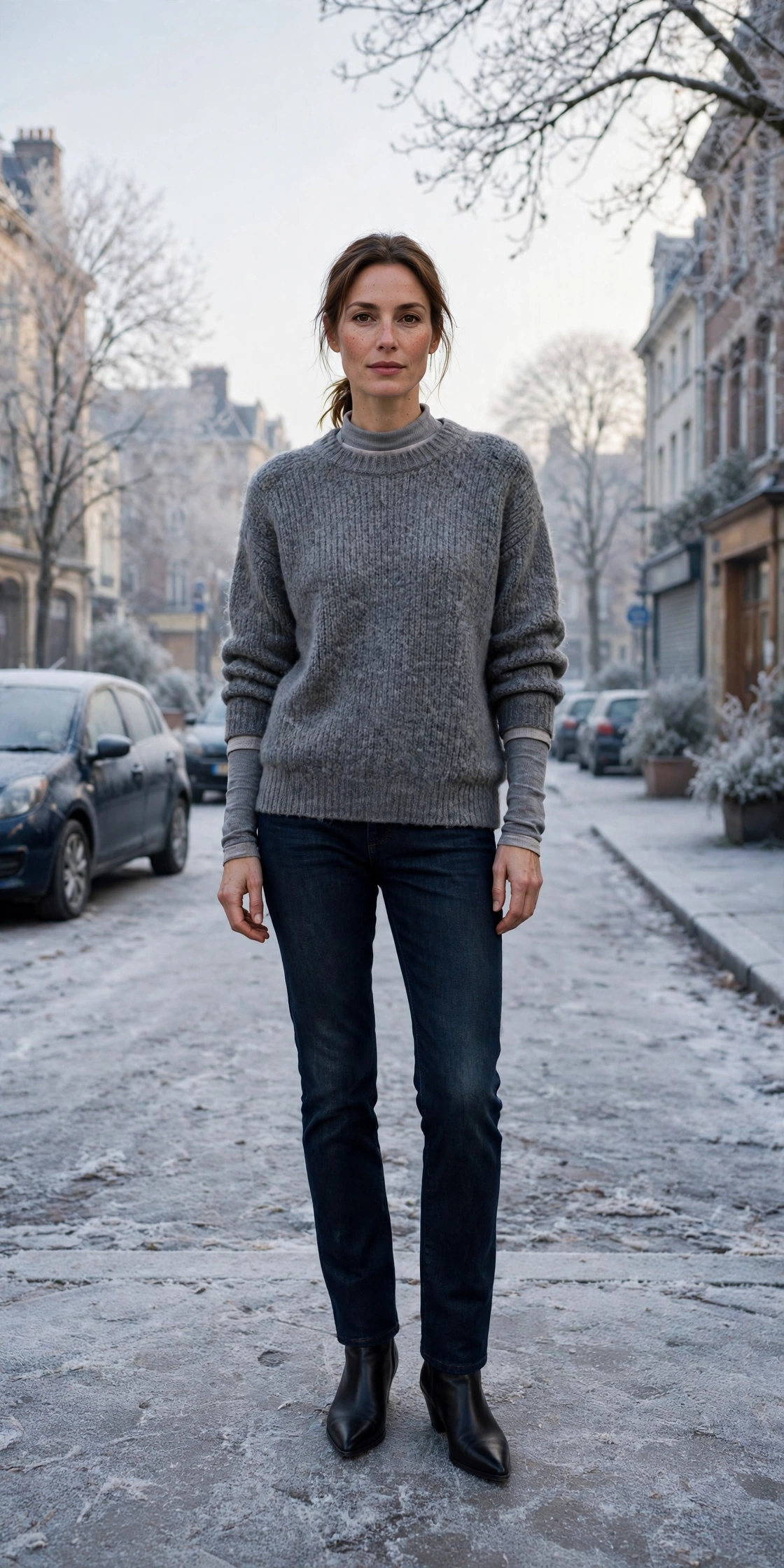 Grey thermal base layer, wool sweater with dark jeans and black pointed boots