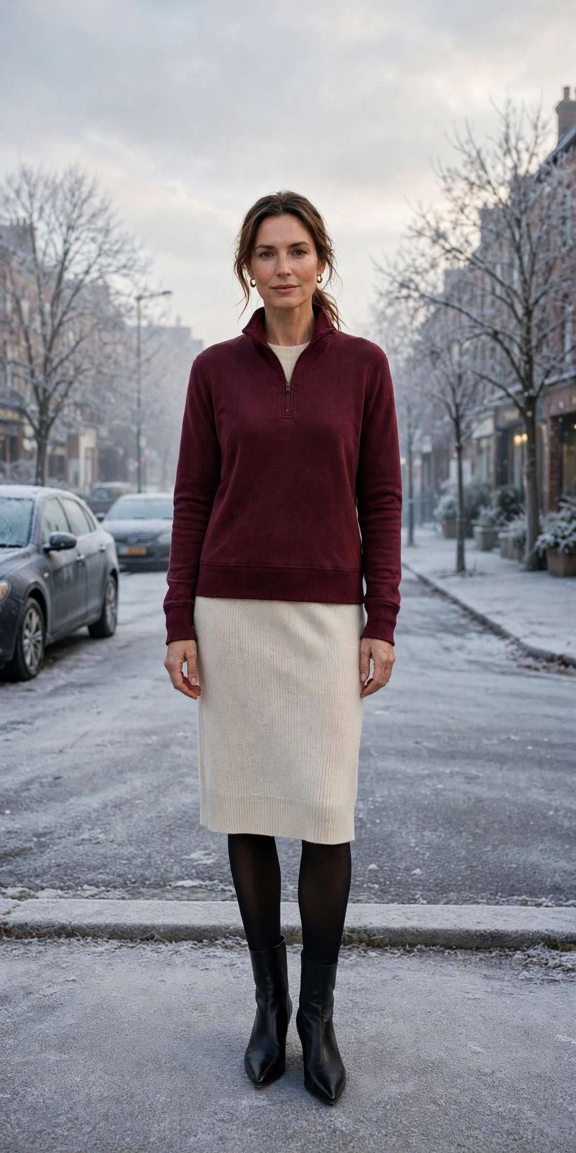 Burgundy thermal base layer, knit dress with opaque tights and black pointed boots