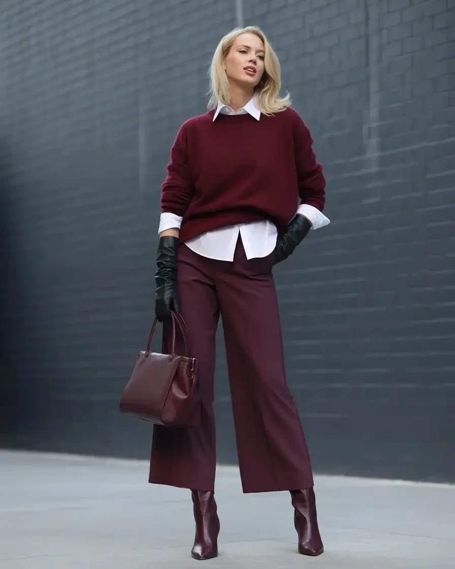 Burgundy thermal base layer, oversized sweater with wide-leg trousers and block-heel ankle boots