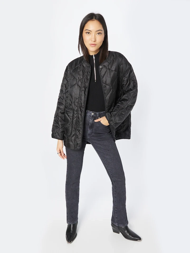 Black thermal base layer, quilted jacket with dark jeans and block-heel ankle boots