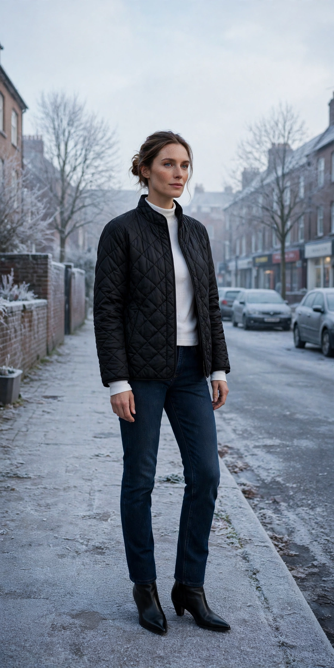 White thermal base layer, quilted jacket with dark jeans and black pointed boots