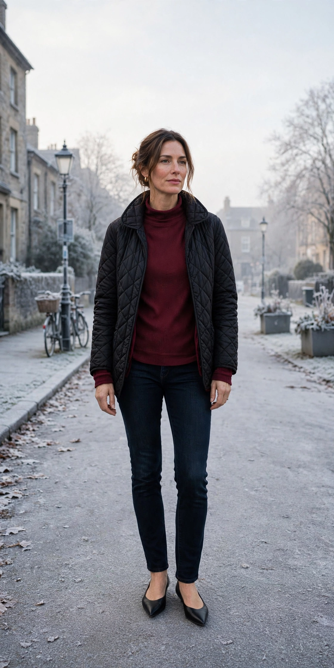 Wine thermal base layer, quilted jacket with dark jeans and elegant pointed flats
