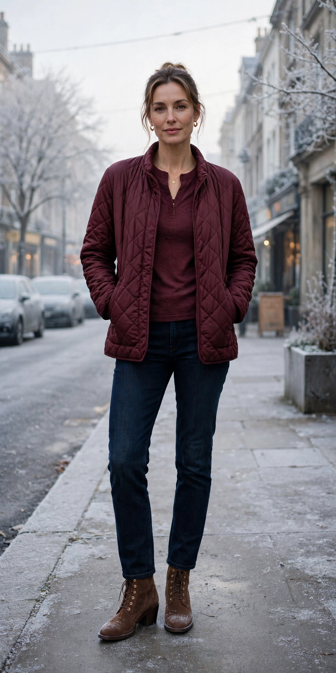 Burgundy thermal base layer, quilted jacket with dark jeans and suede ankle boots