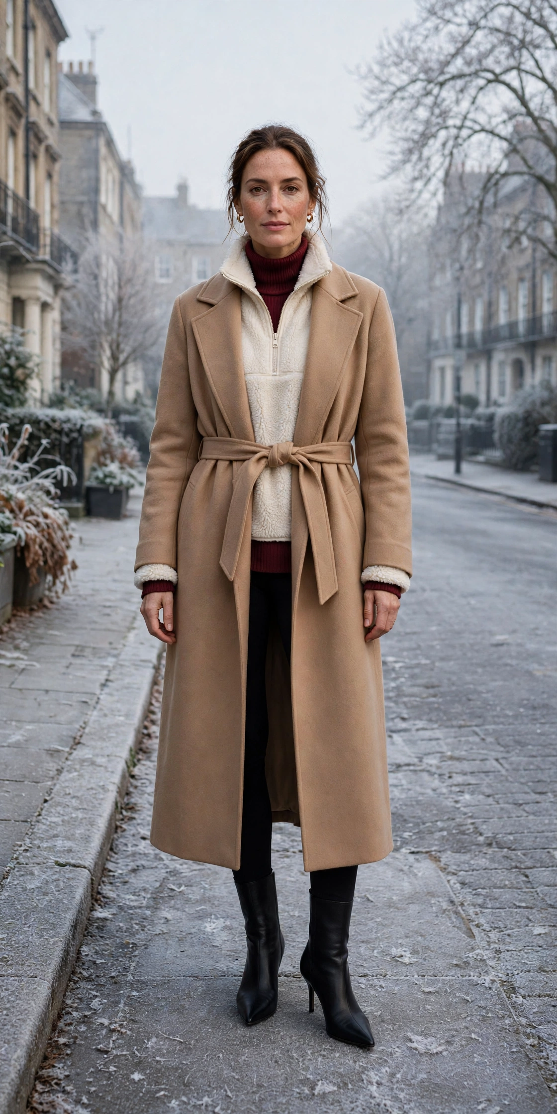 Wine thermal base layer, fleece-lined top with a long coat and black pointed boots