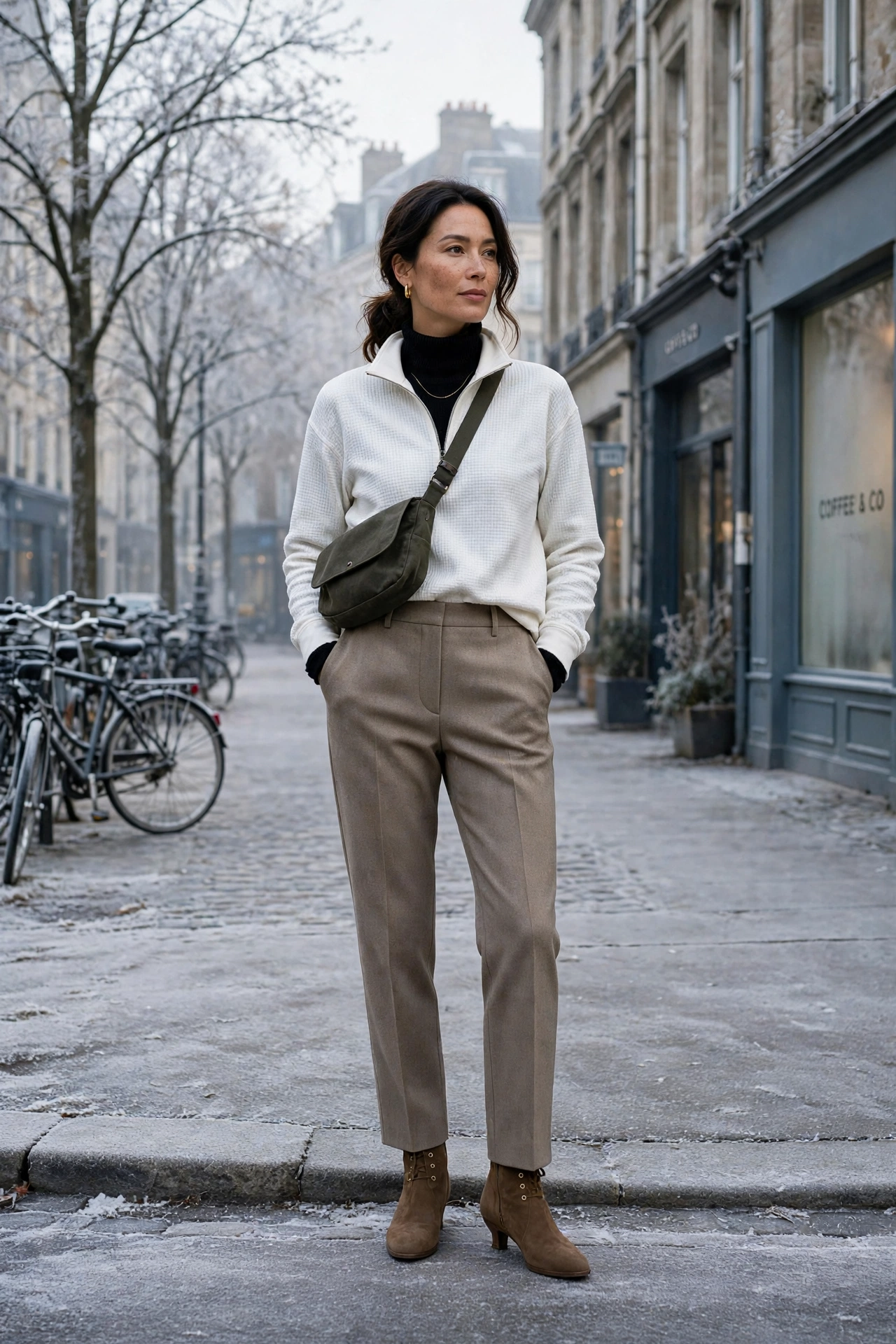 White thermal base layer, turtleneck sweater with tailored trousers and suede ankle boots