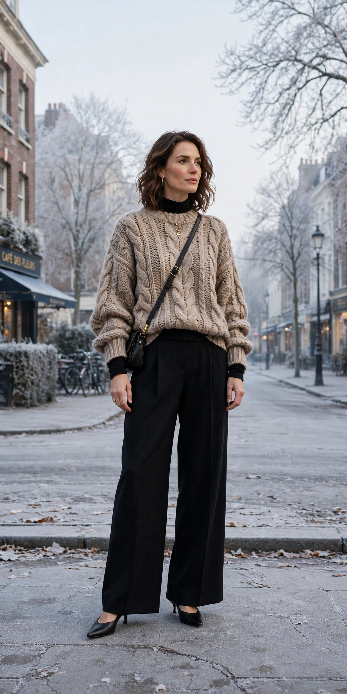 Black thermal base layer, oversized sweater with wide-leg trousers and kitten heels