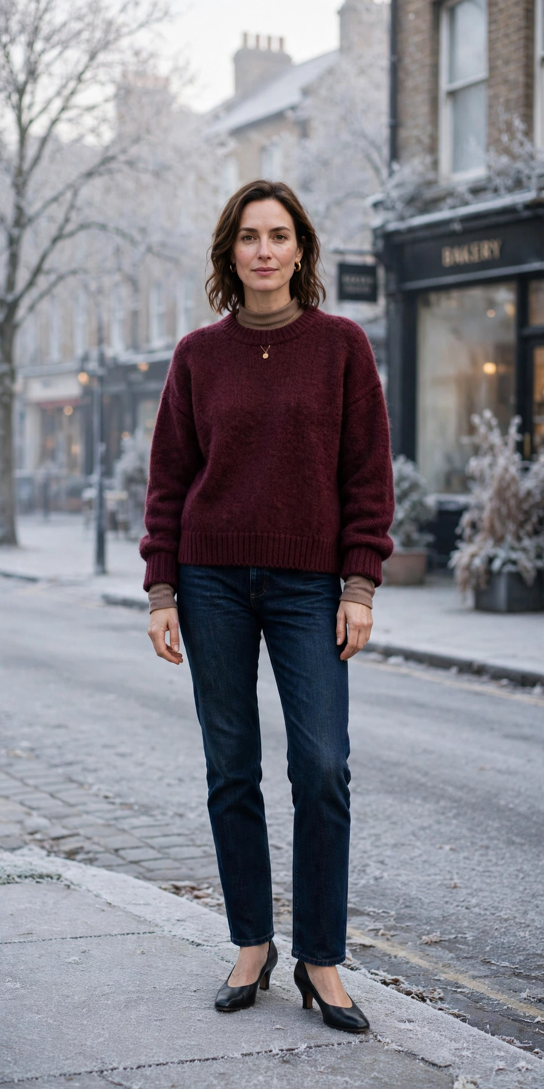 Wine thermal base layer, wool sweater with dark jeans and low-heeled pumps