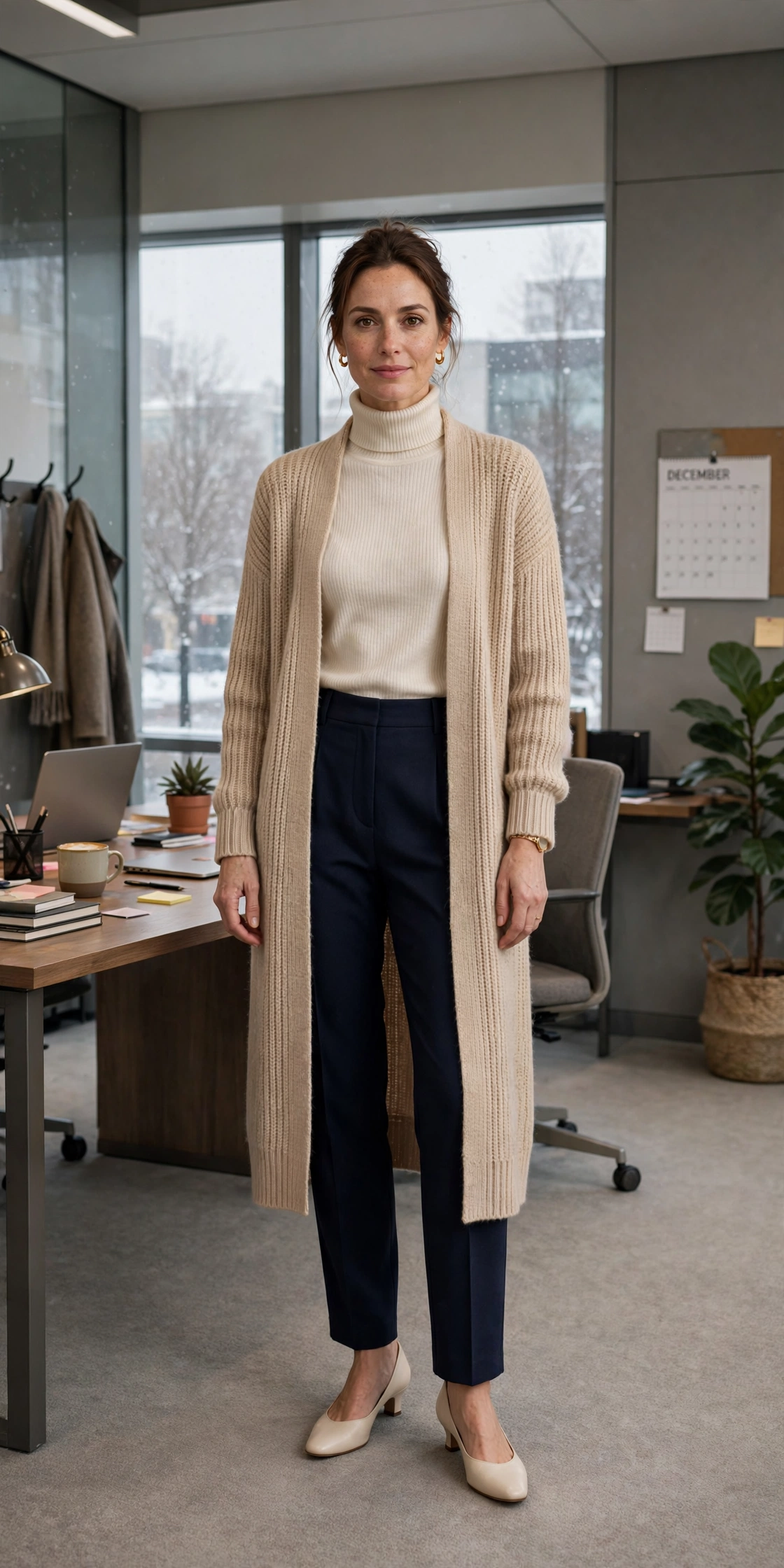 Cream turtleneck, navy trousers with a long cardigan and low-heeled pumps