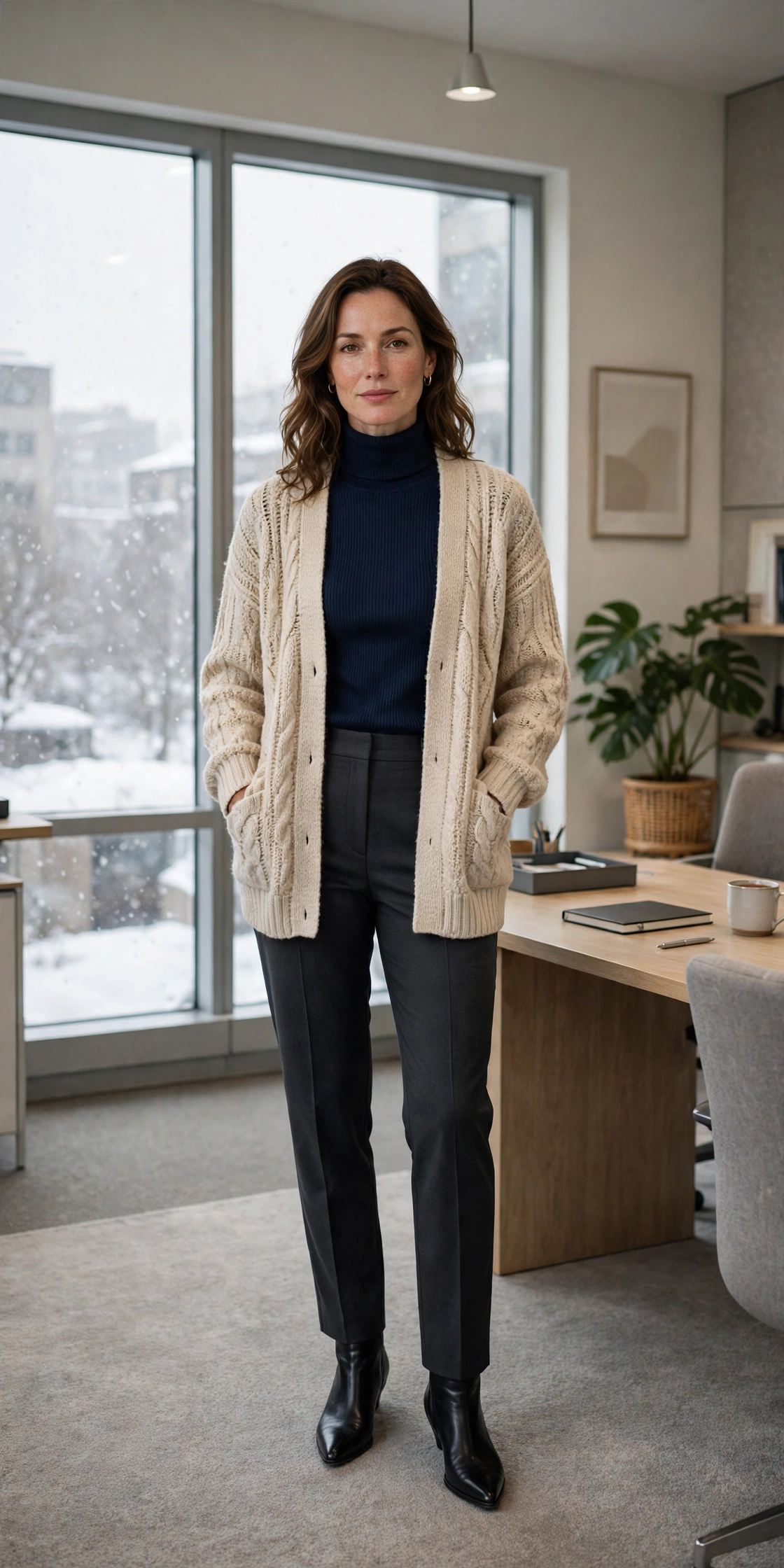 Navy turtleneck, dark trousers with a cardigan and black pointed boots