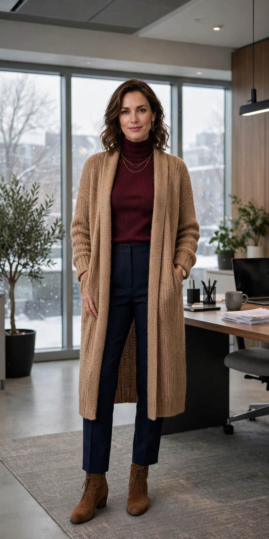 Burgundy turtleneck, navy trousers with a long cardigan and suede ankle boots