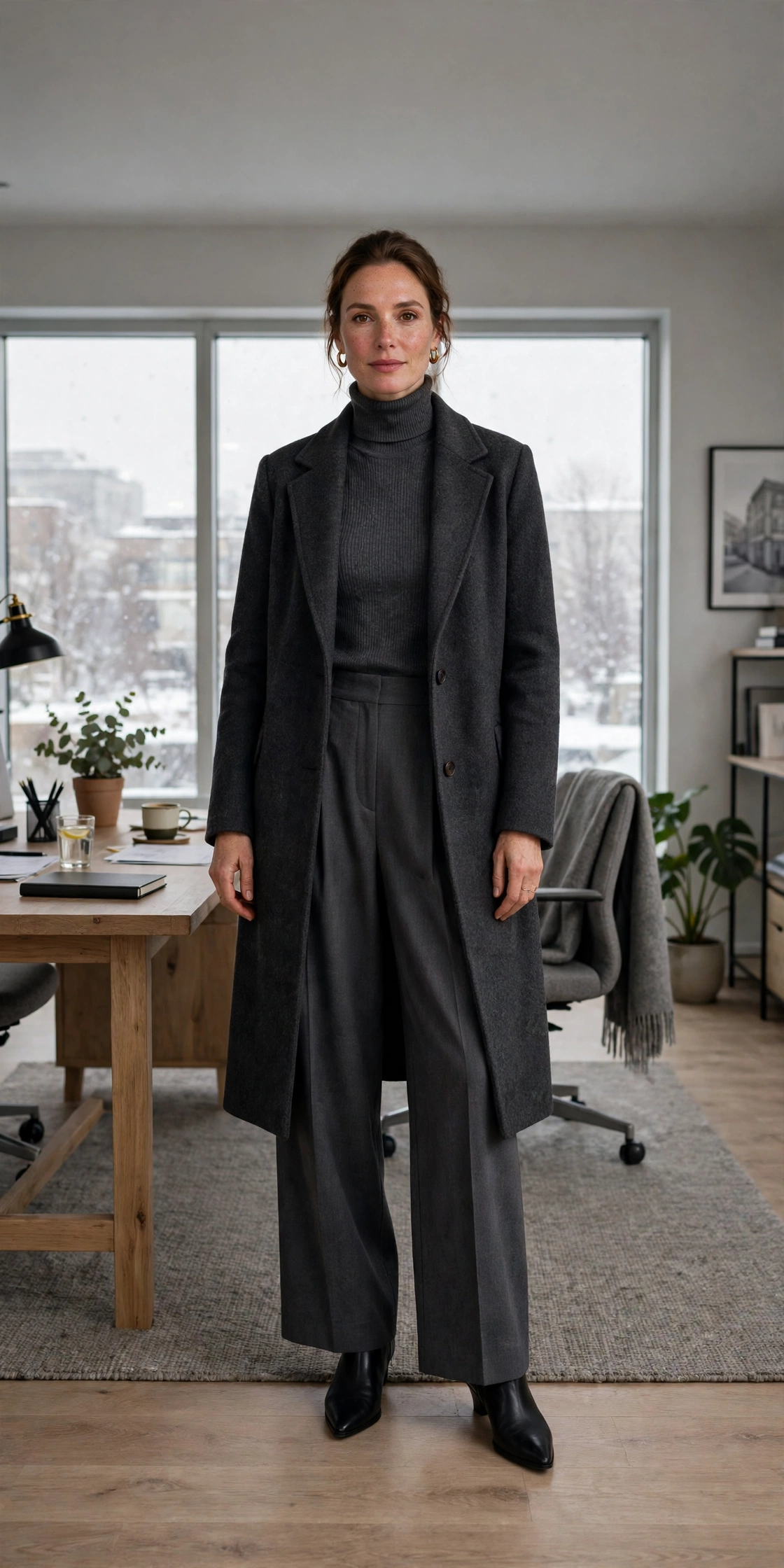 Charcoal turtleneck, wide-leg trousers with a wool coat and black pointed boots