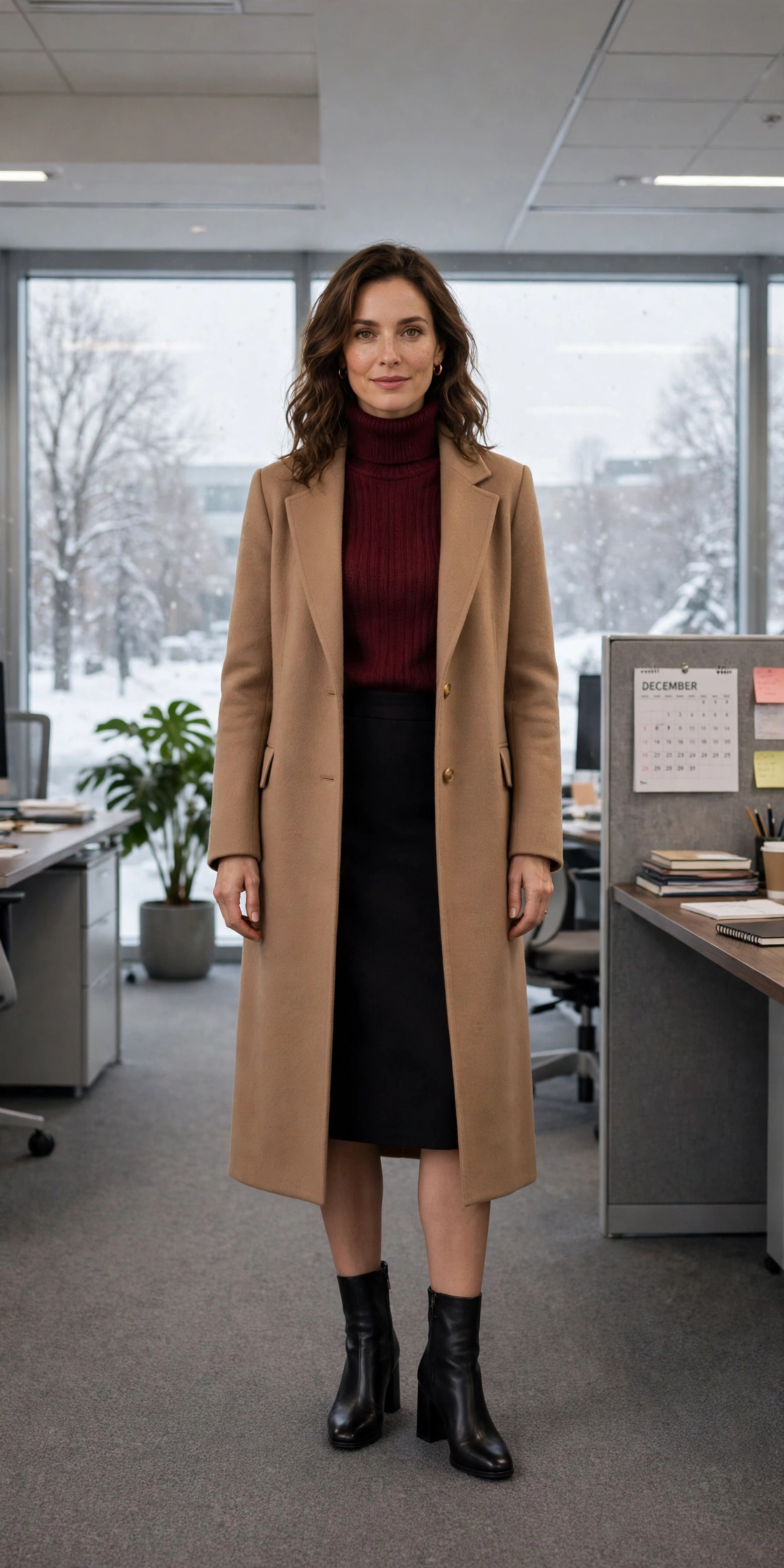 Wine turtleneck, pencil skirt with a long coat and block-heel ankle boots