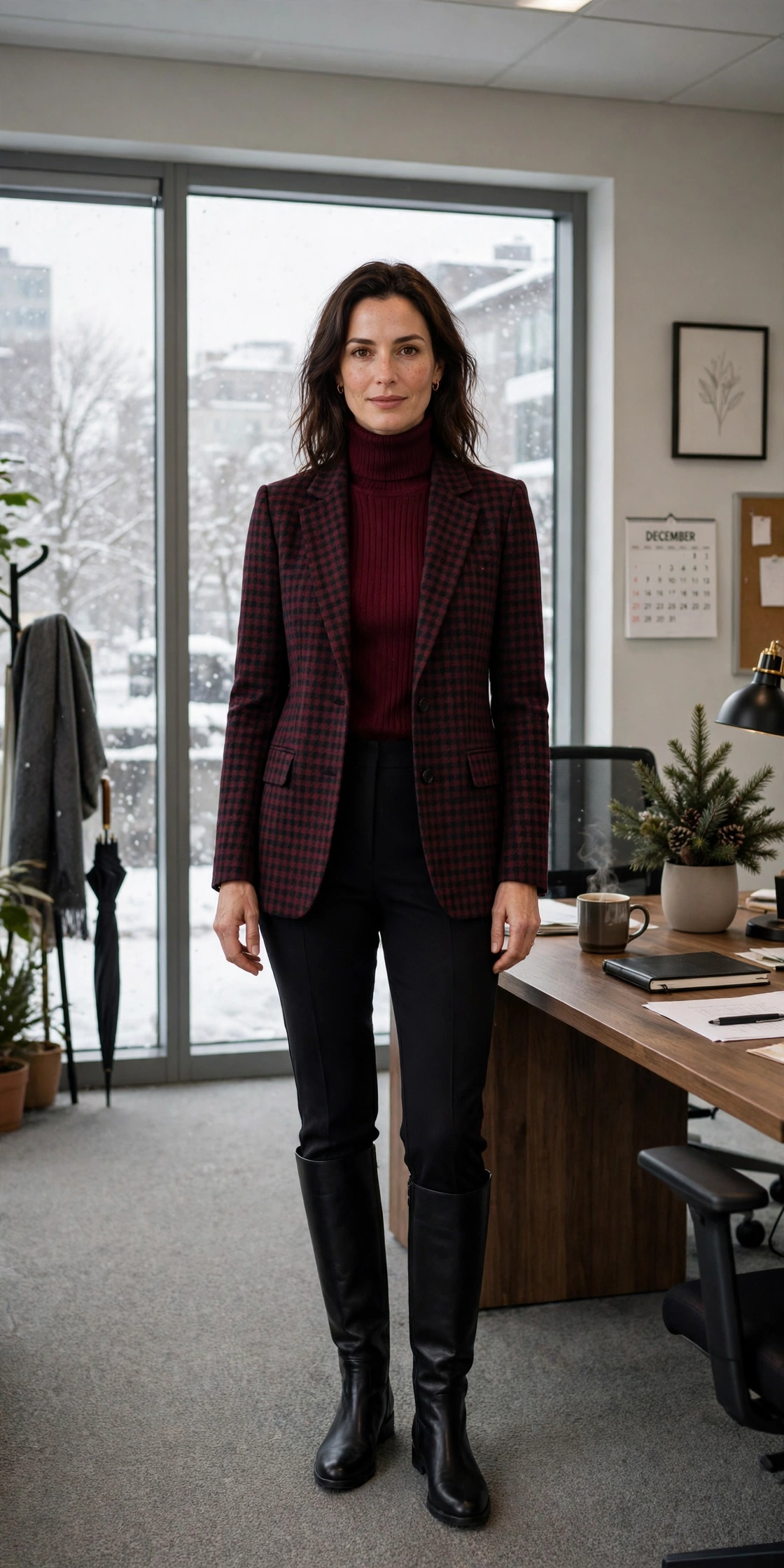Wine turtleneck, black trousers with a checked blazer and knee-high boots