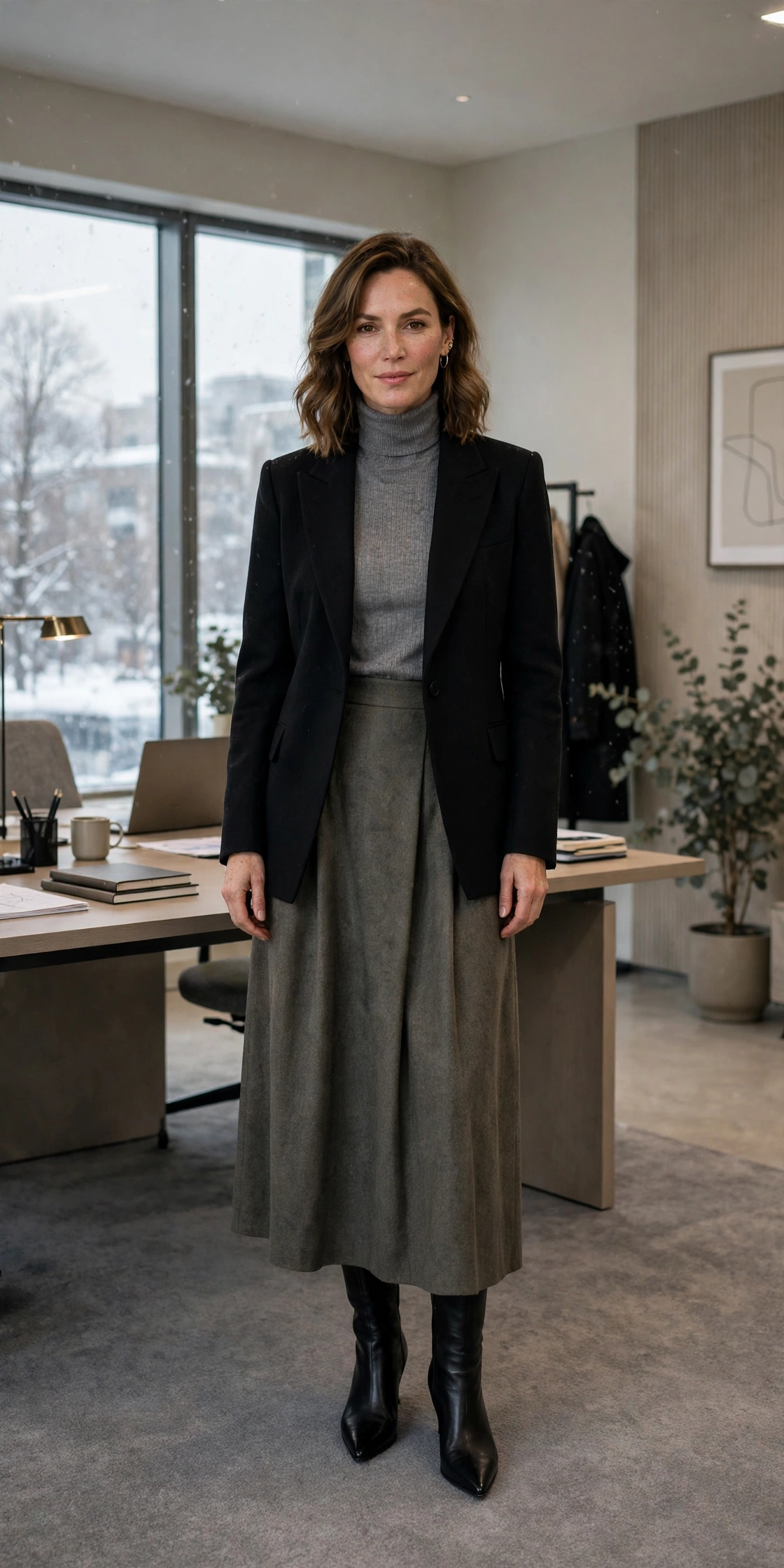 Grey turtleneck, midi skirt with a structured jacket and black pointed boots