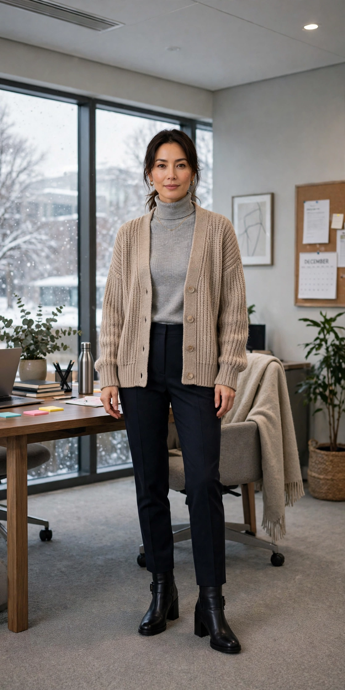 Grey turtleneck, dark trousers with a cardigan and block-heel ankle boots