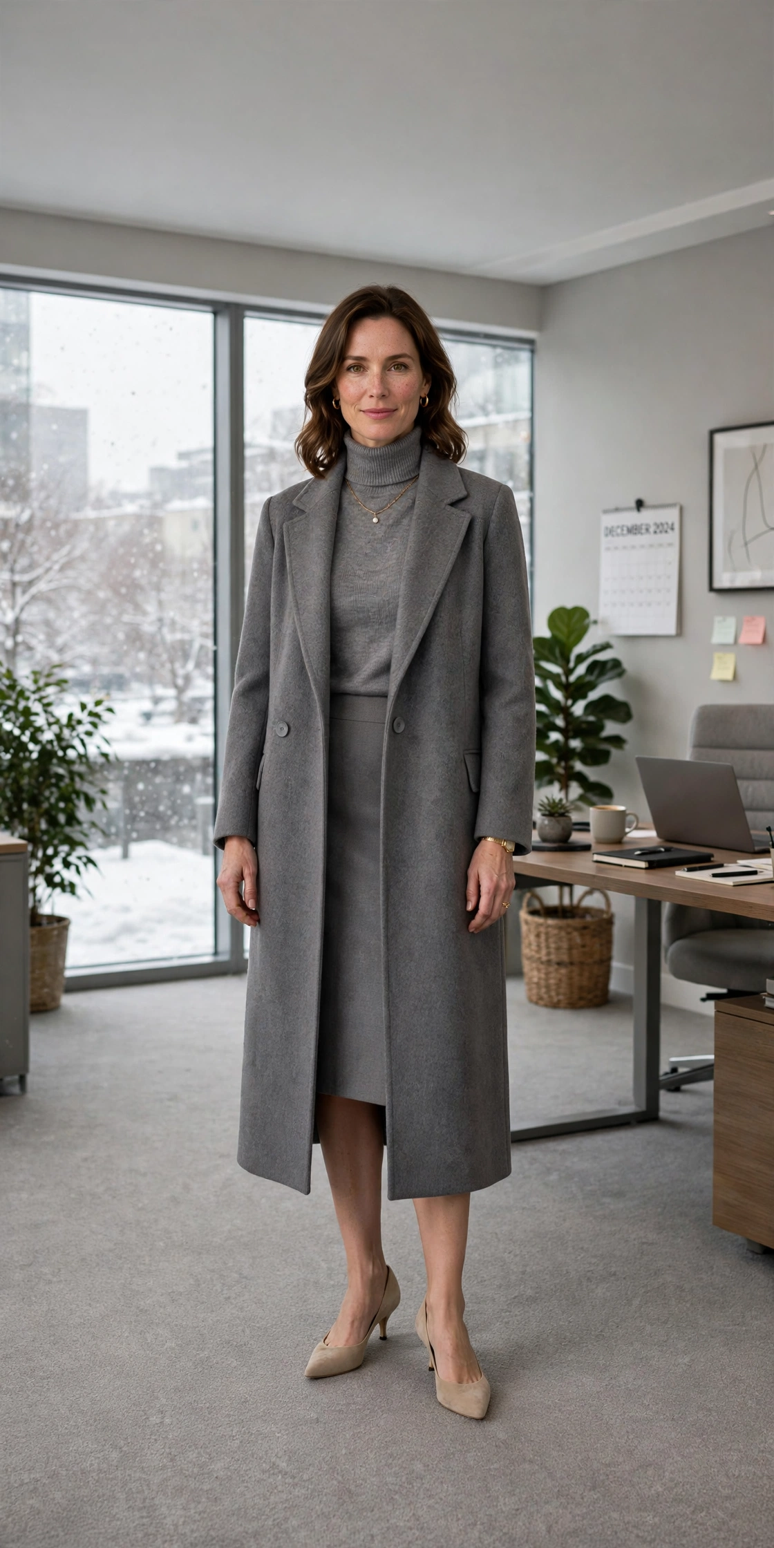 Grey turtleneck, pencil skirt with a long coat and kitten heels