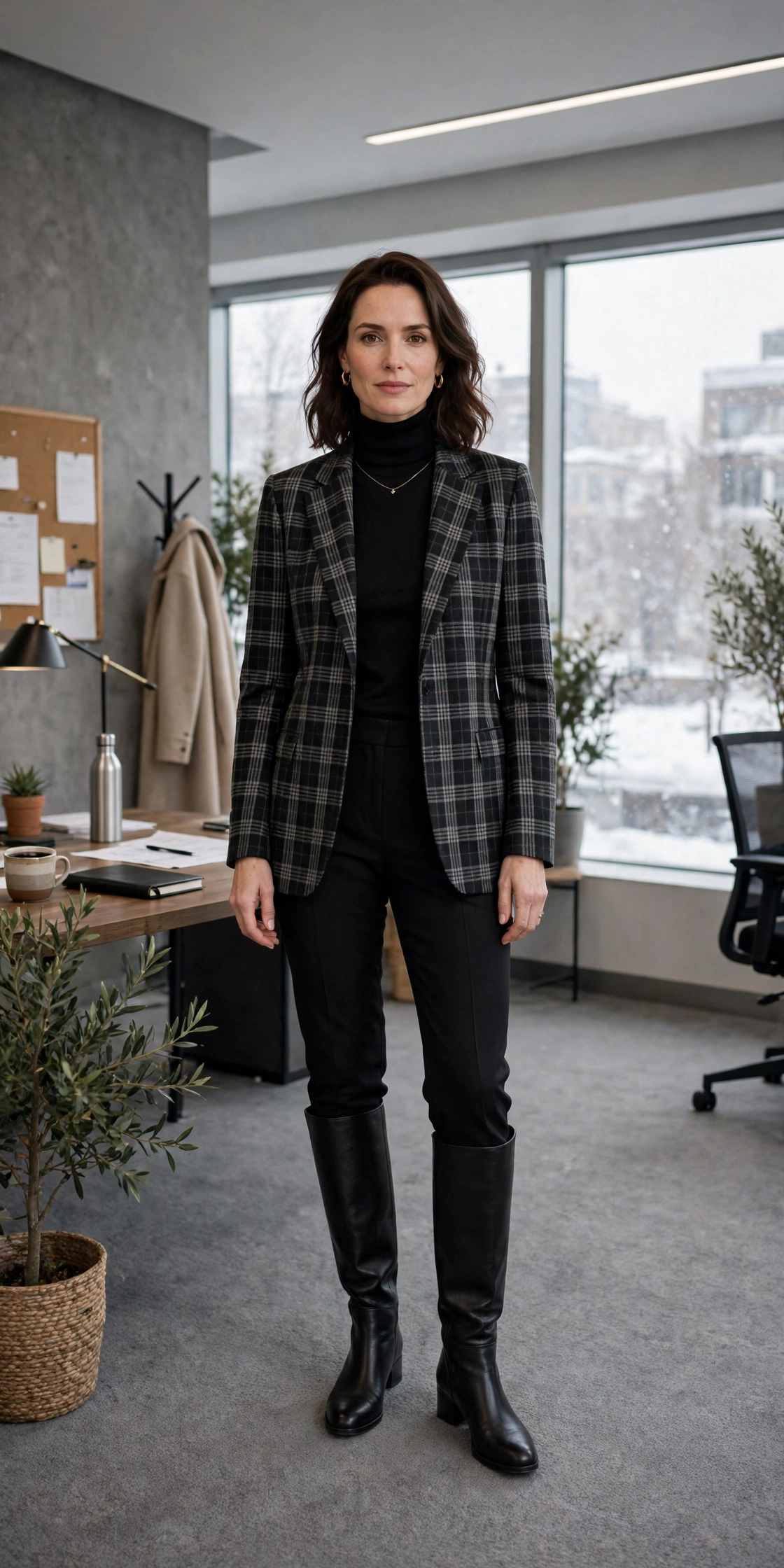 Black turtleneck, black trousers with a checked blazer and knee-high boots