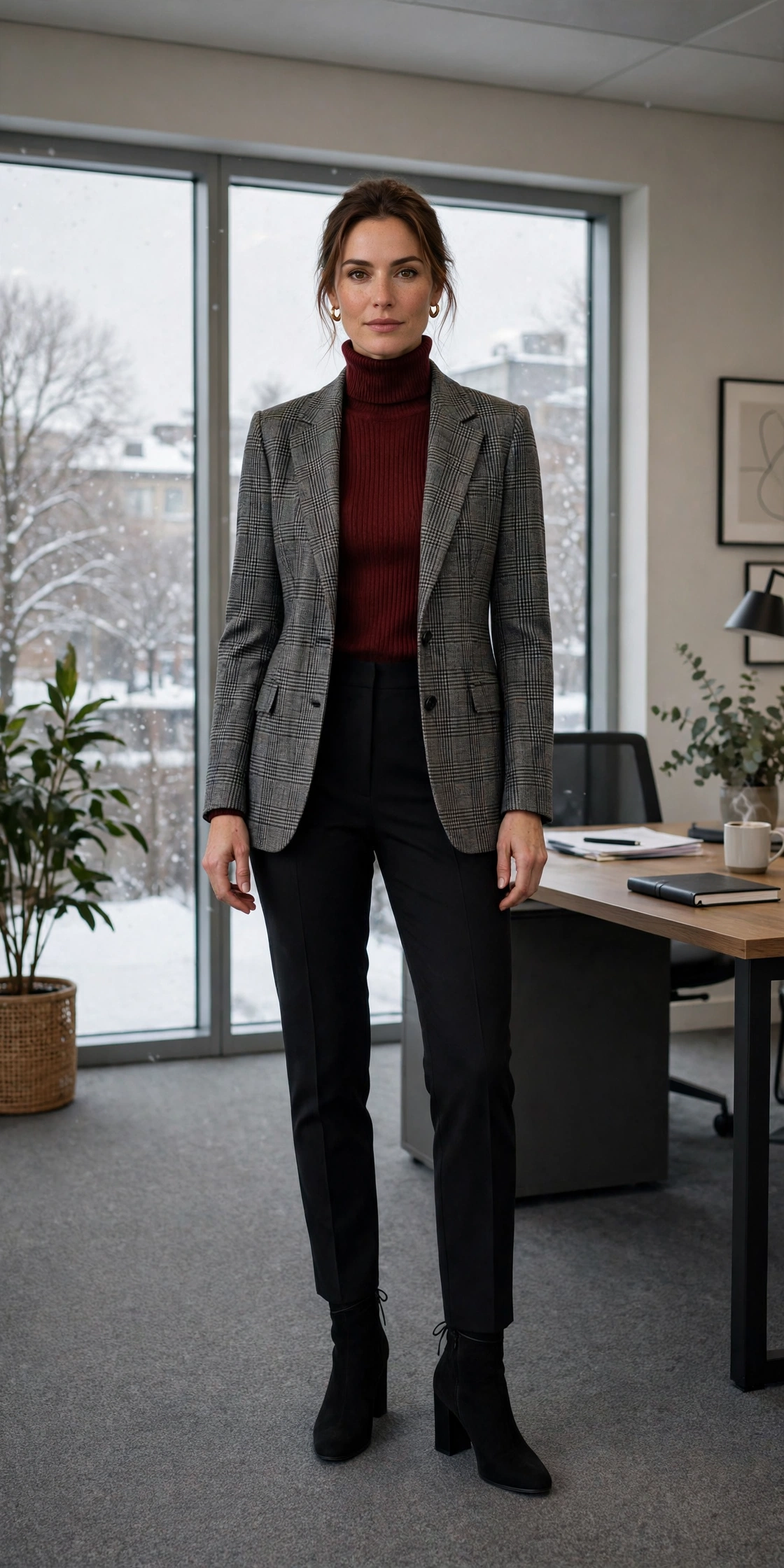 Wine turtleneck, black trousers with a checked blazer and block-heel ankle boots