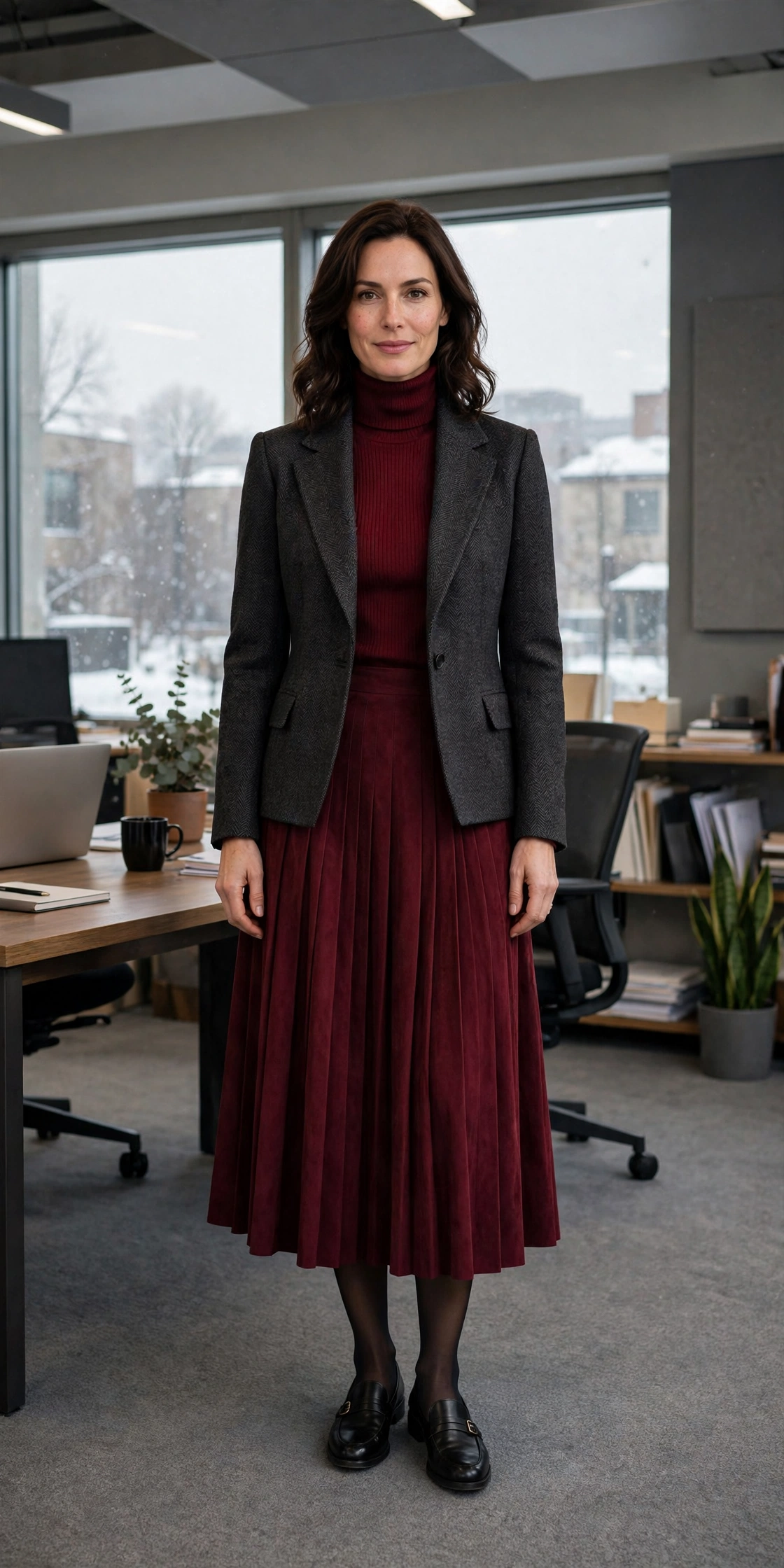 Wine turtleneck, midi skirt with a structured jacket and classic loafers