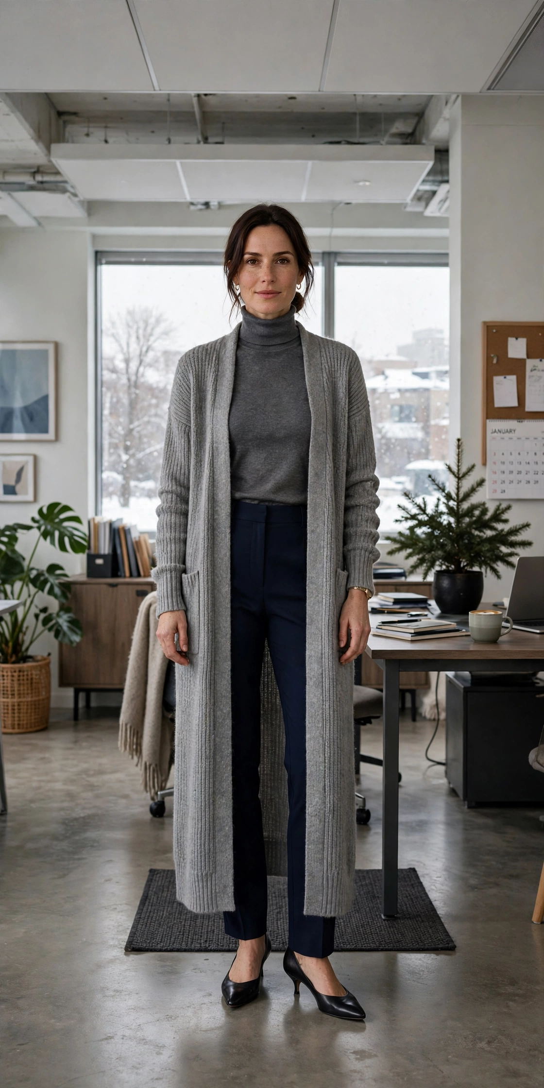 Charcoal turtleneck, navy trousers with a long cardigan and kitten heels