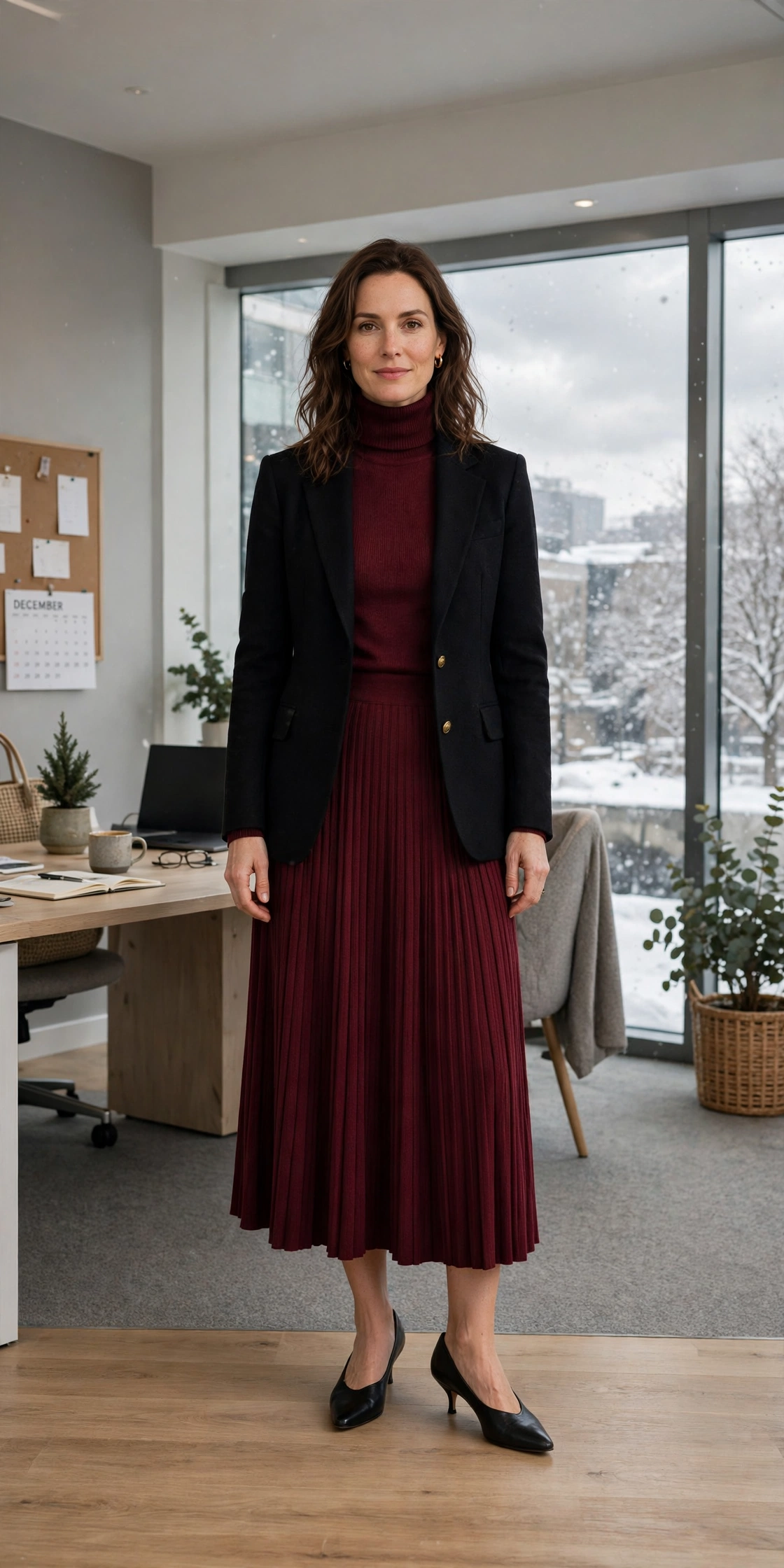 Wine turtleneck, midi skirt with a structured jacket and kitten heels