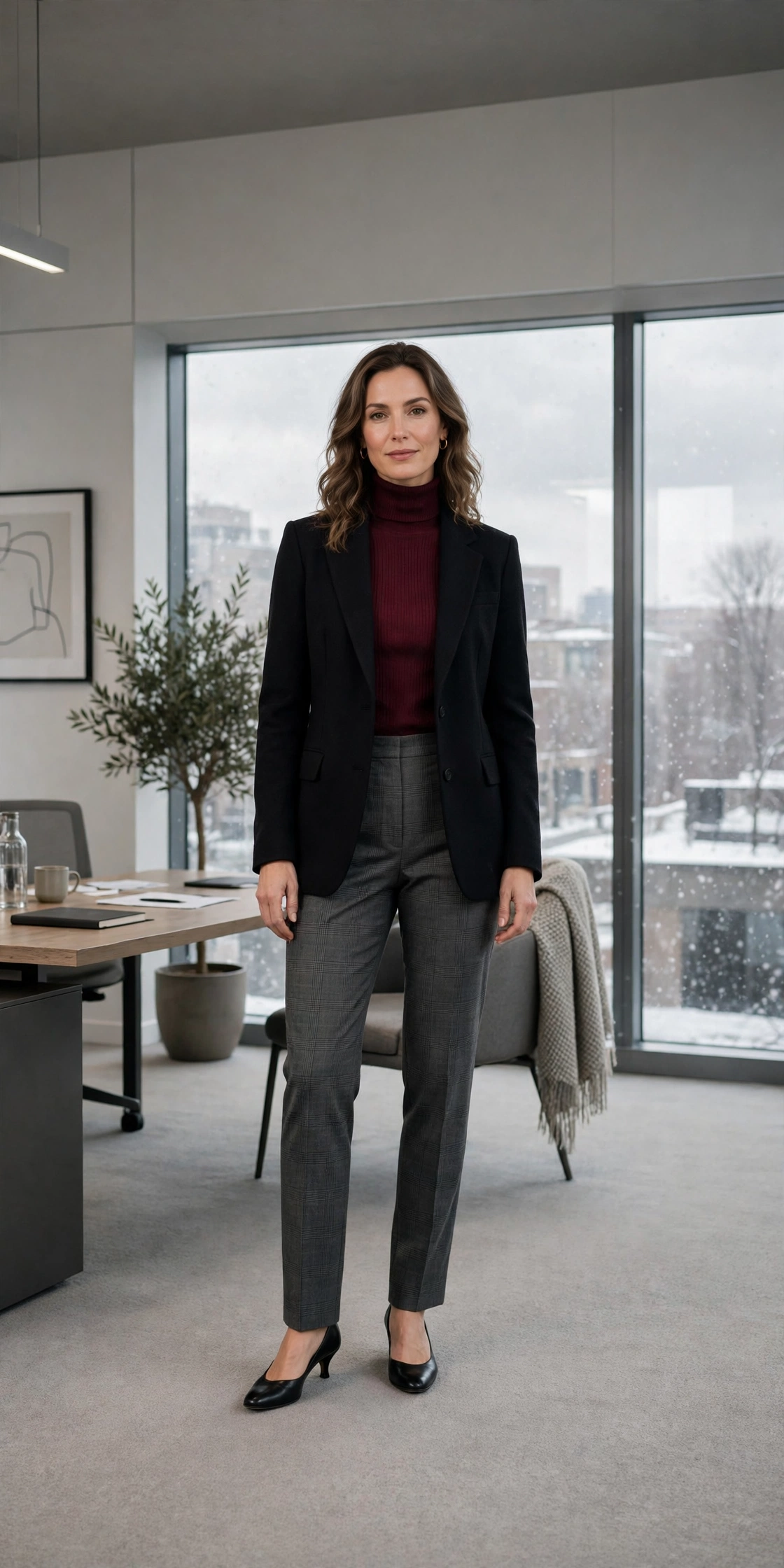 Wine turtleneck, tailored trousers with a blazer and low-heeled pumps