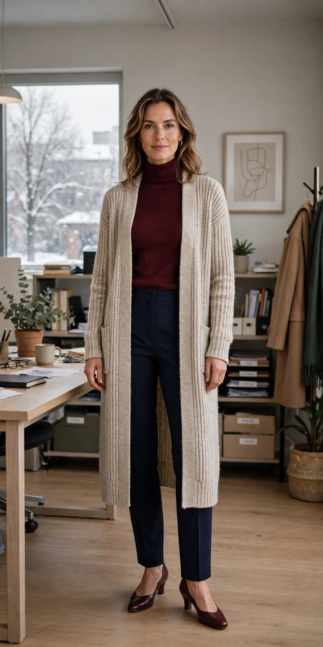Burgundy turtleneck, navy trousers with a long cardigan and low-heeled pumps