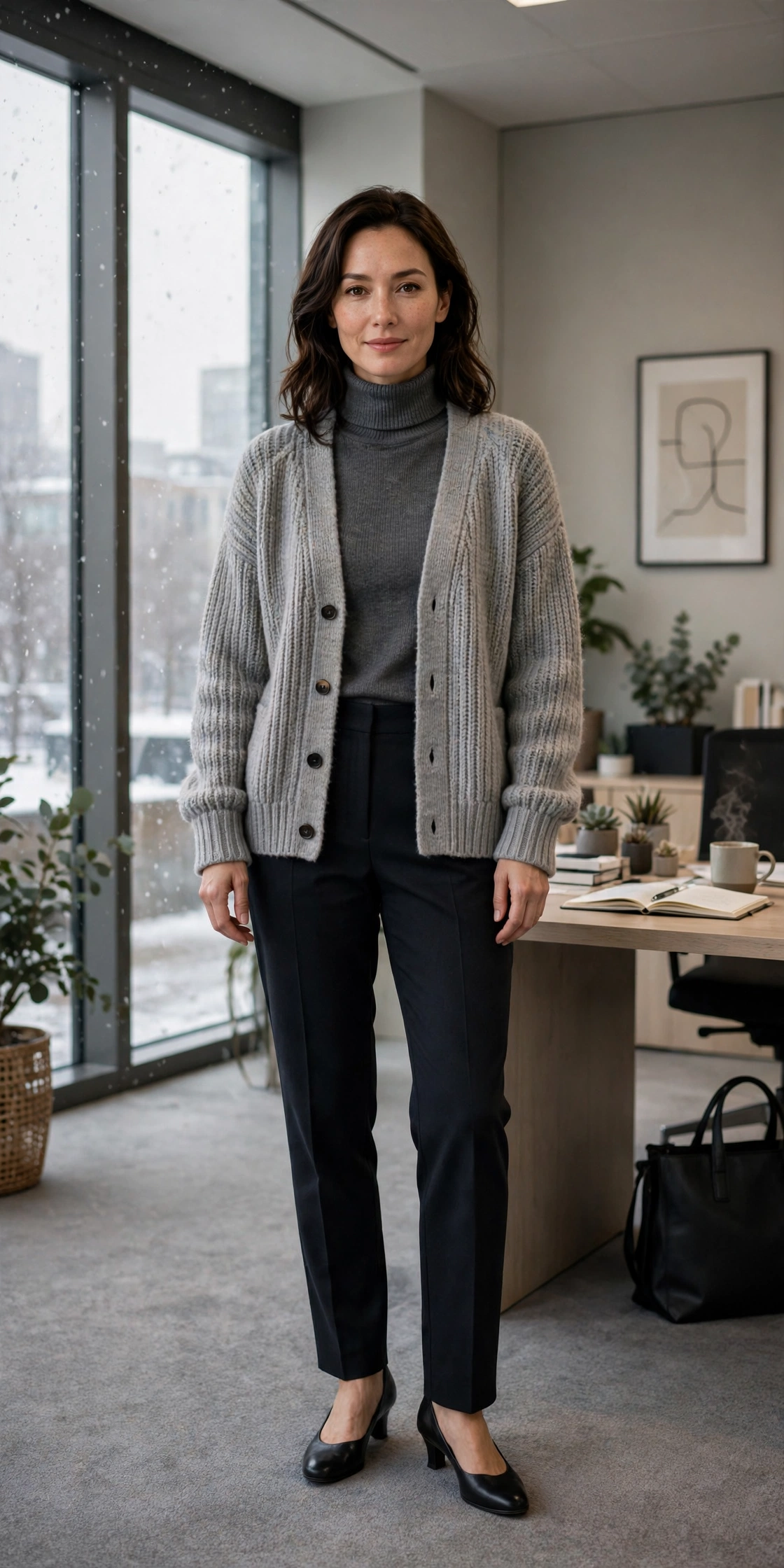 Charcoal turtleneck, dark trousers with a cardigan and low-heeled pumps