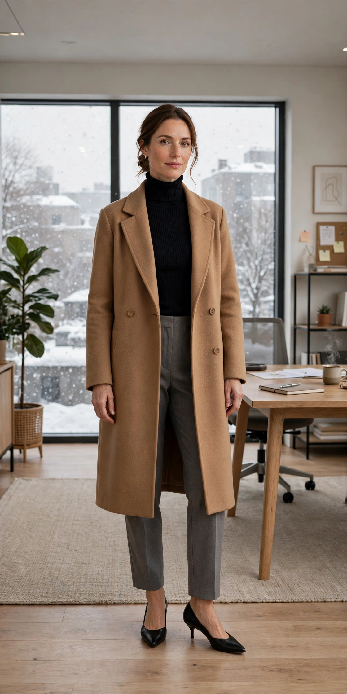 Black turtleneck, grey trousers with a camel coat and kitten heels
