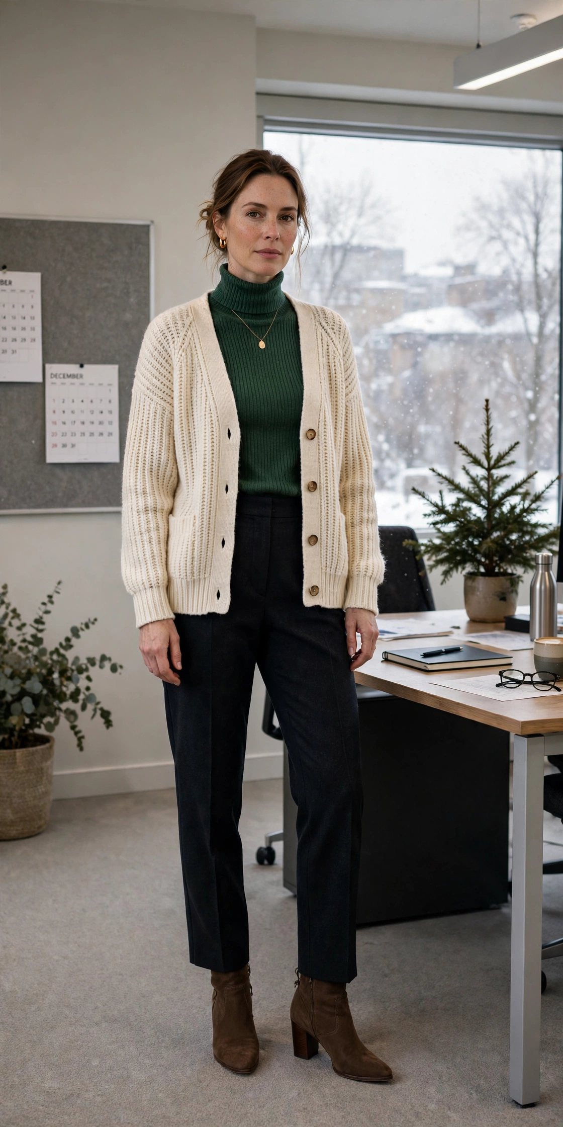 Forest green turtleneck, dark trousers with a cardigan and block-heel ankle boots