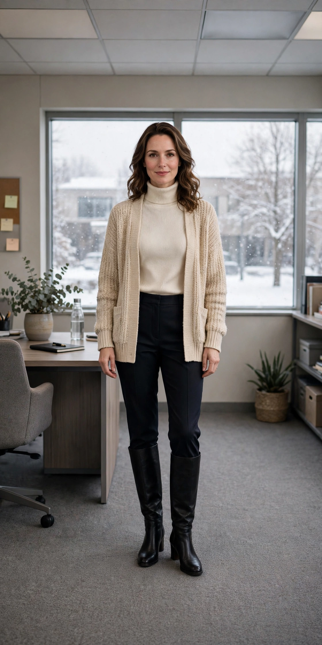 Cream turtleneck, dark trousers with a cardigan and knee-high boots