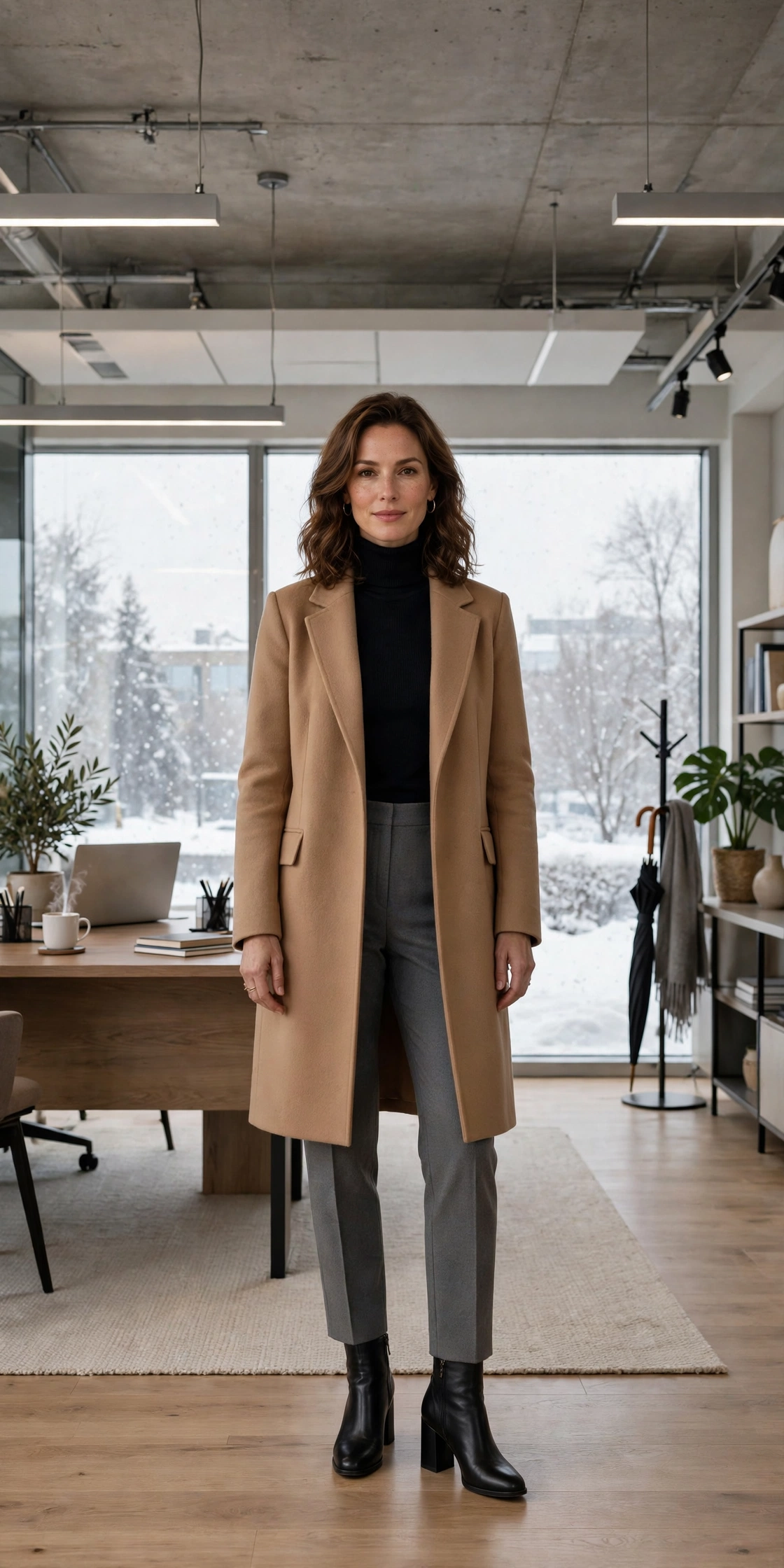 Black turtleneck, grey trousers with a camel coat and block-heel ankle boots