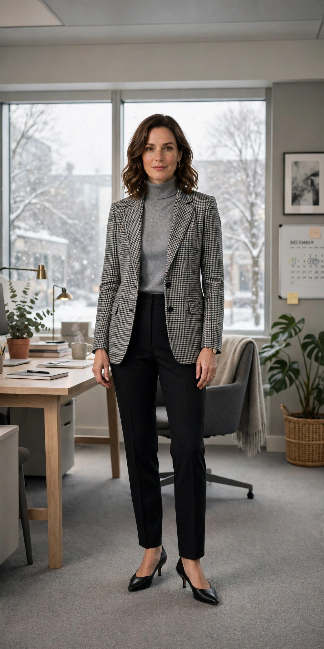 Grey turtleneck, black trousers with a checked blazer and kitten heels