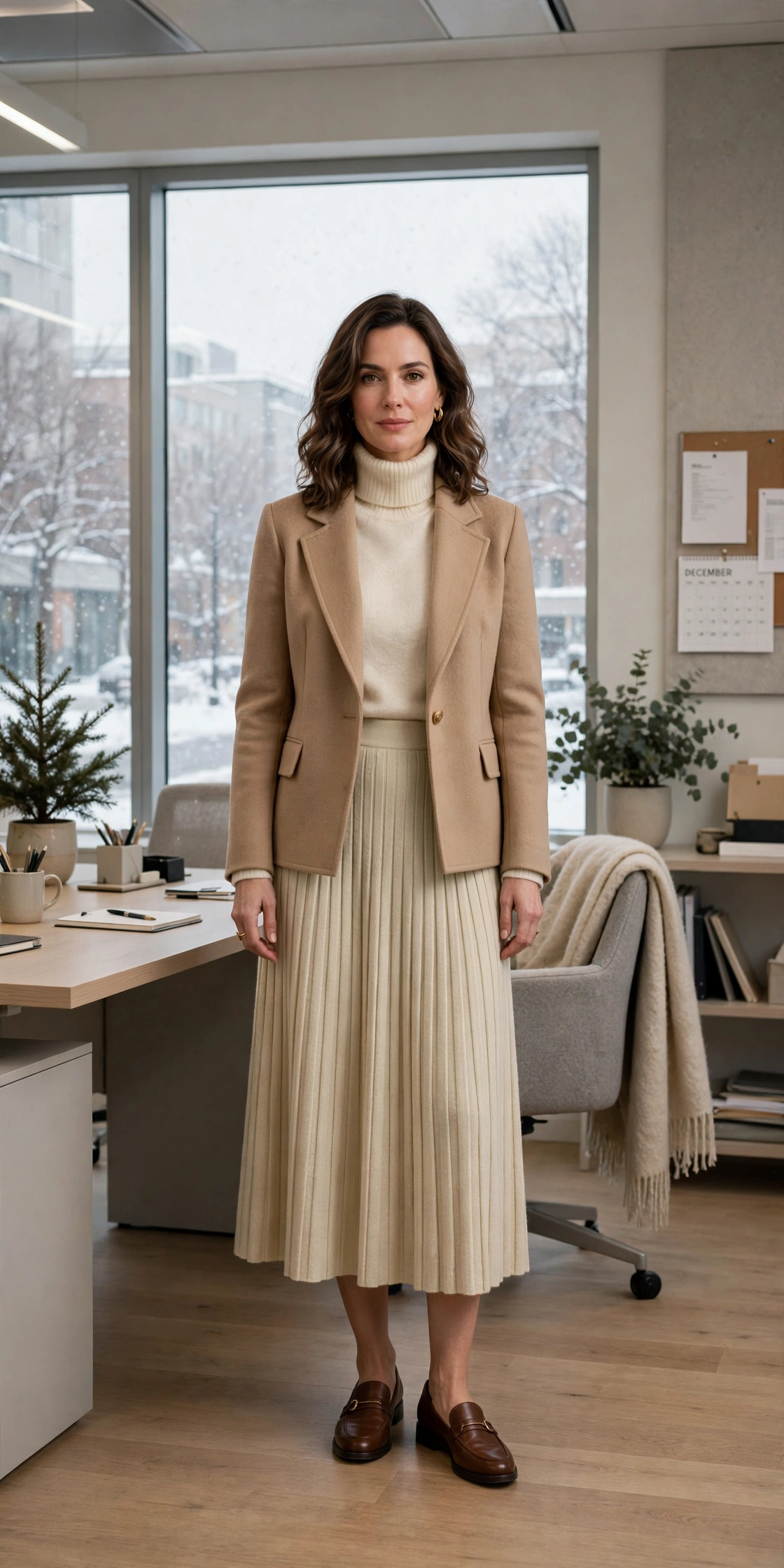 Cream turtleneck, midi skirt with a structured jacket and classic loafers