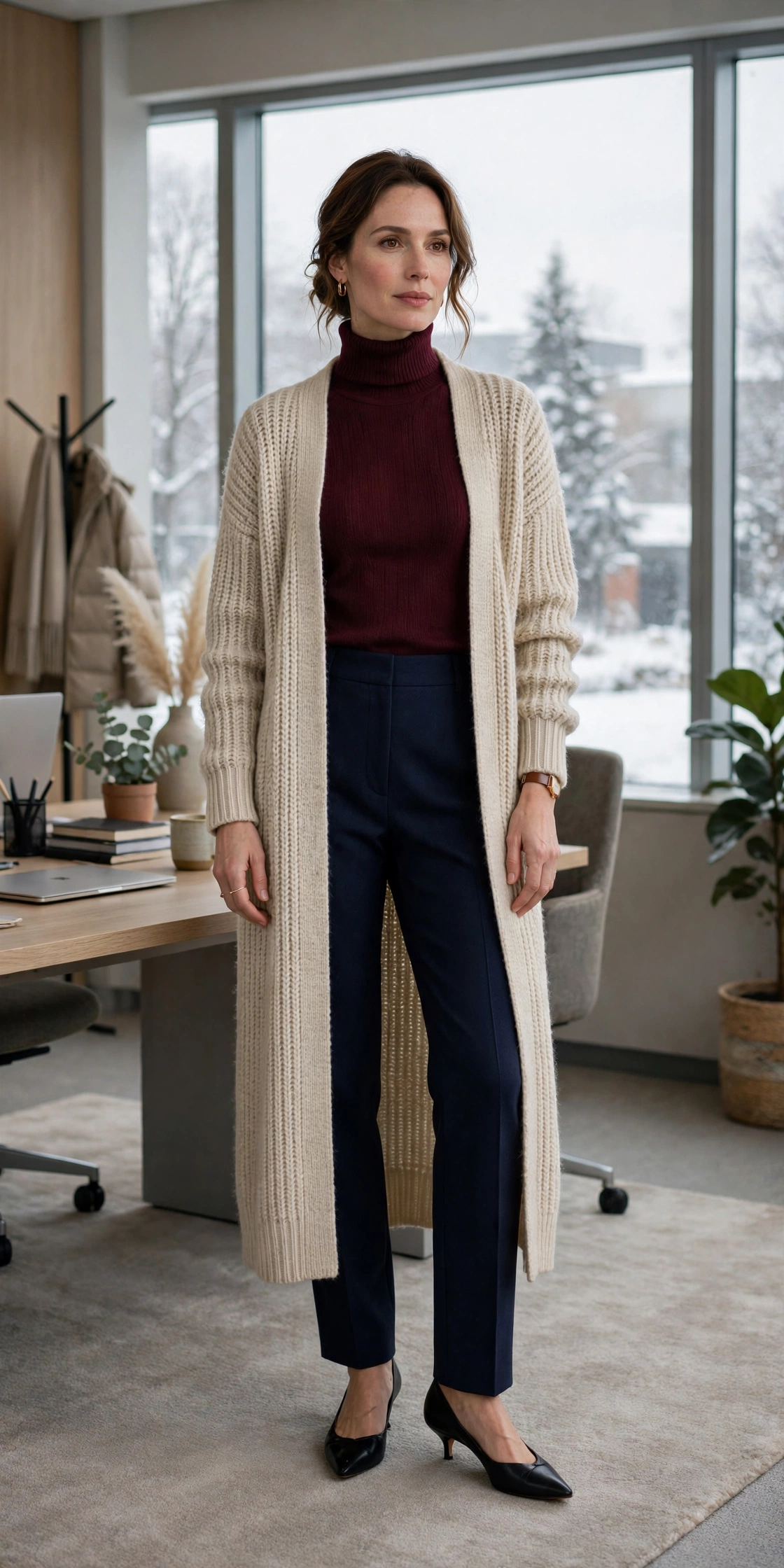 Wine turtleneck, navy trousers with a long cardigan and kitten heels