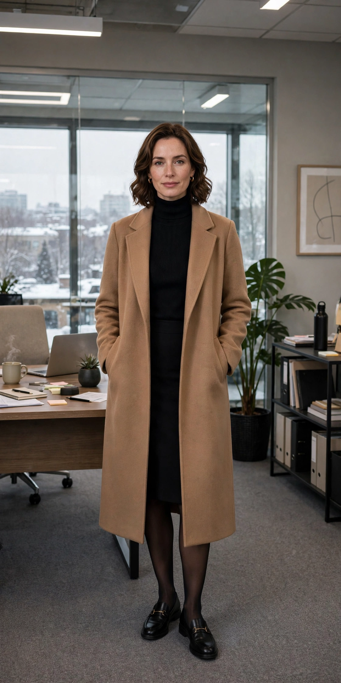 Black turtleneck, pencil skirt with a long coat and classic loafers
