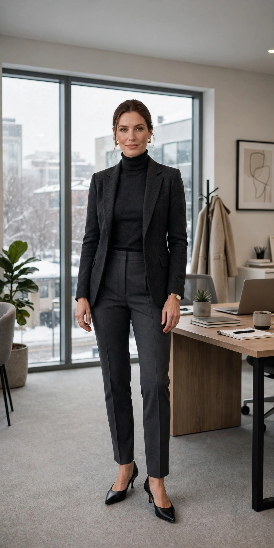Charcoal turtleneck, tailored trousers with a blazer and kitten heels