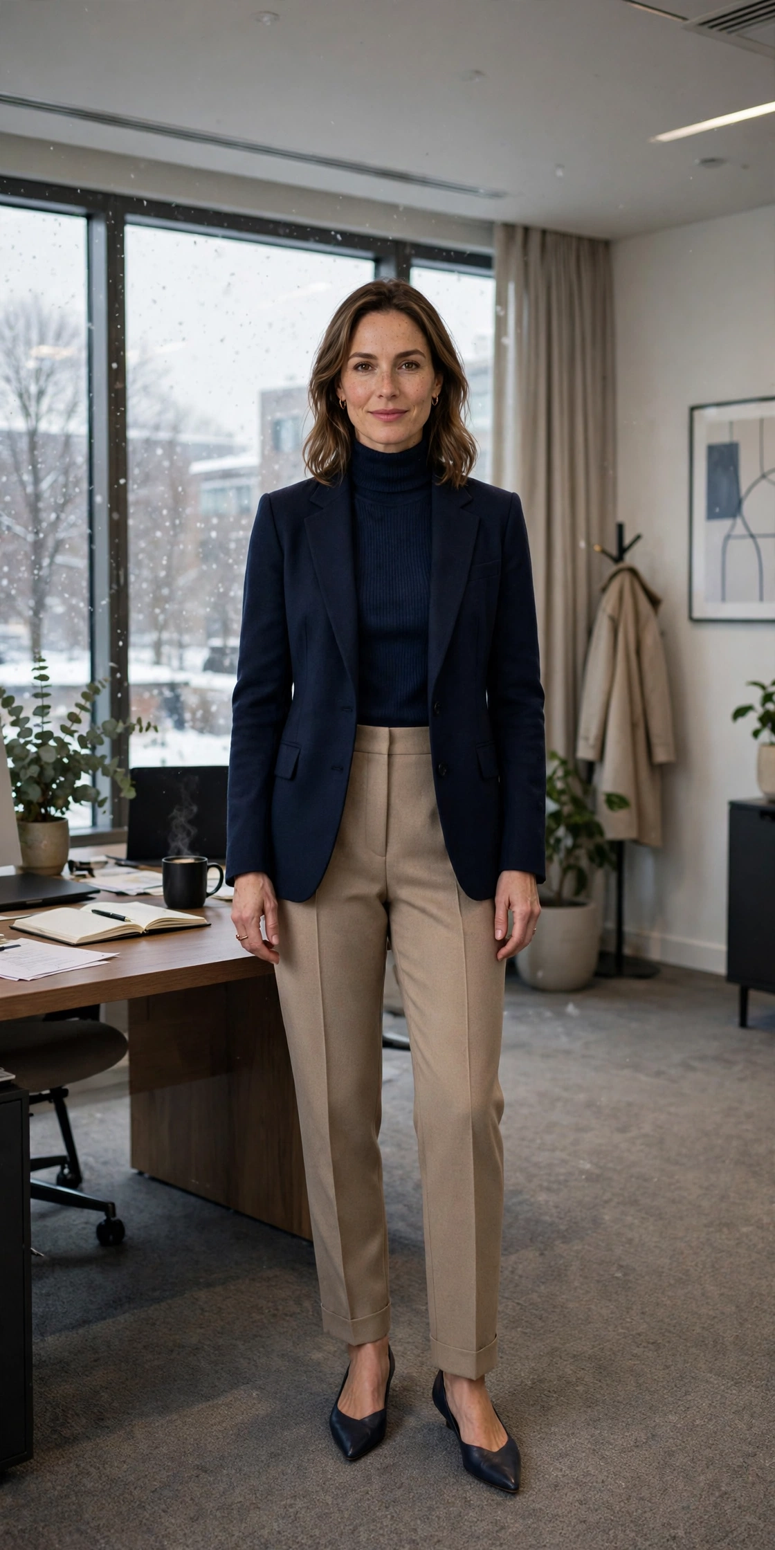 Navy turtleneck, tailored trousers with a blazer and elegant pointed flats