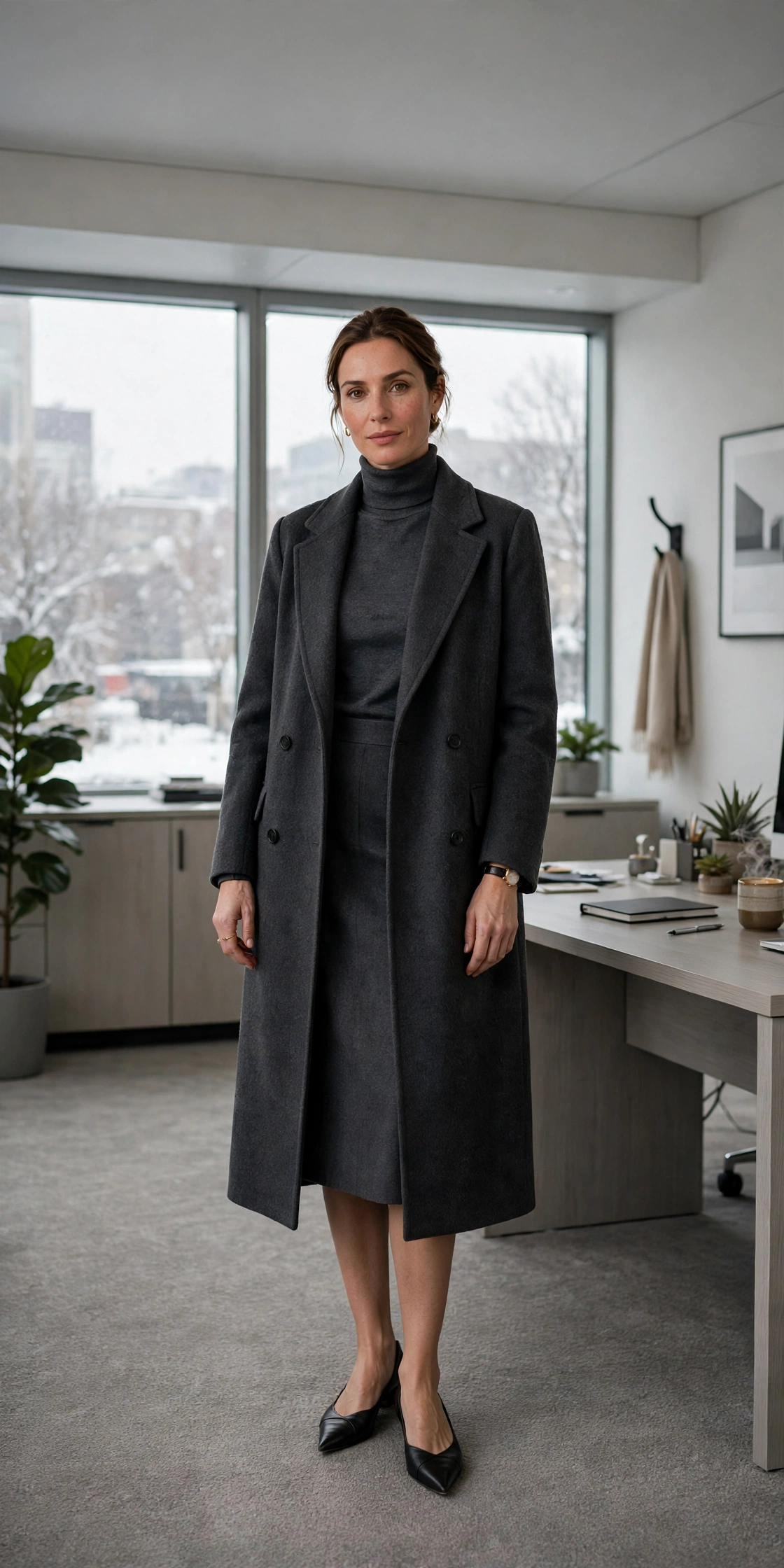 Charcoal turtleneck, pencil skirt with a long coat and elegant pointed flats