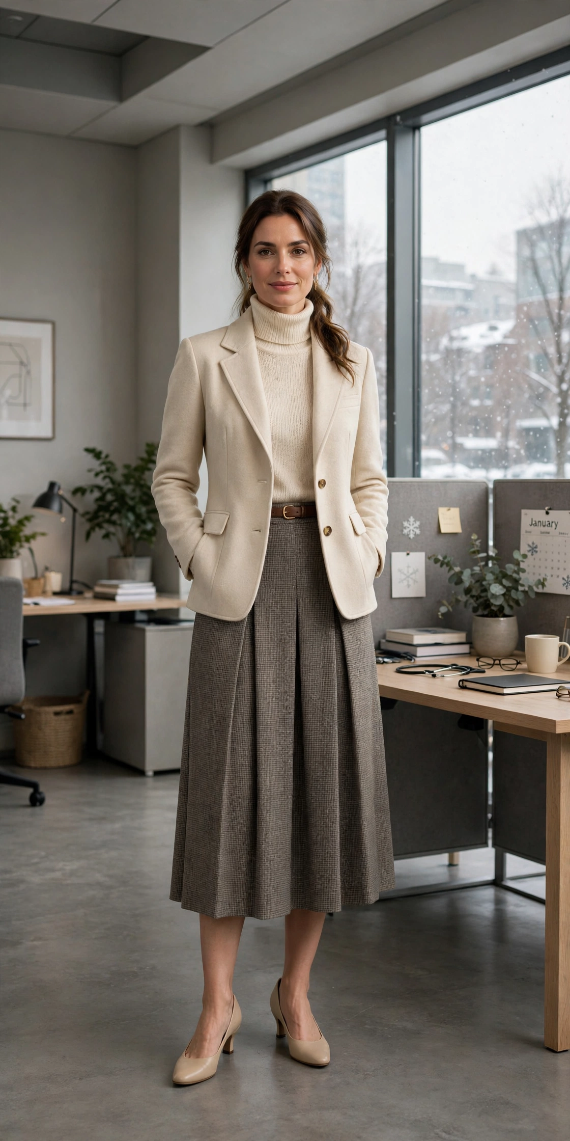 Cream turtleneck, midi skirt with a structured jacket and low-heeled pumps