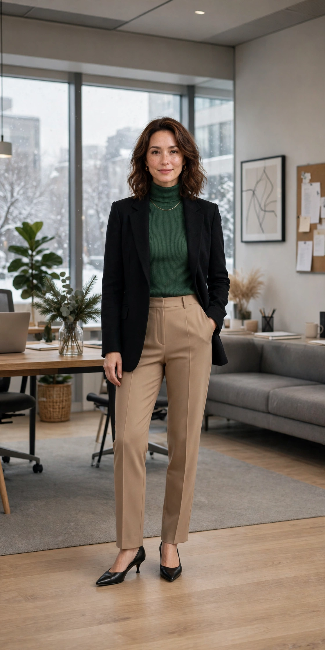 Forest green turtleneck, tailored trousers with a blazer and kitten heels