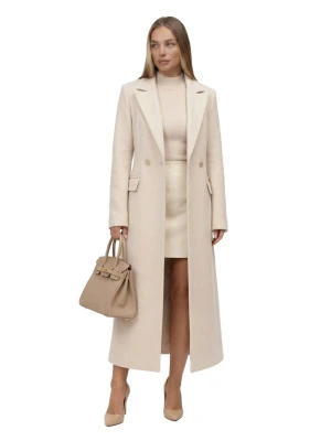 Cream turtleneck, pencil skirt with a long coat and low-heeled pumps