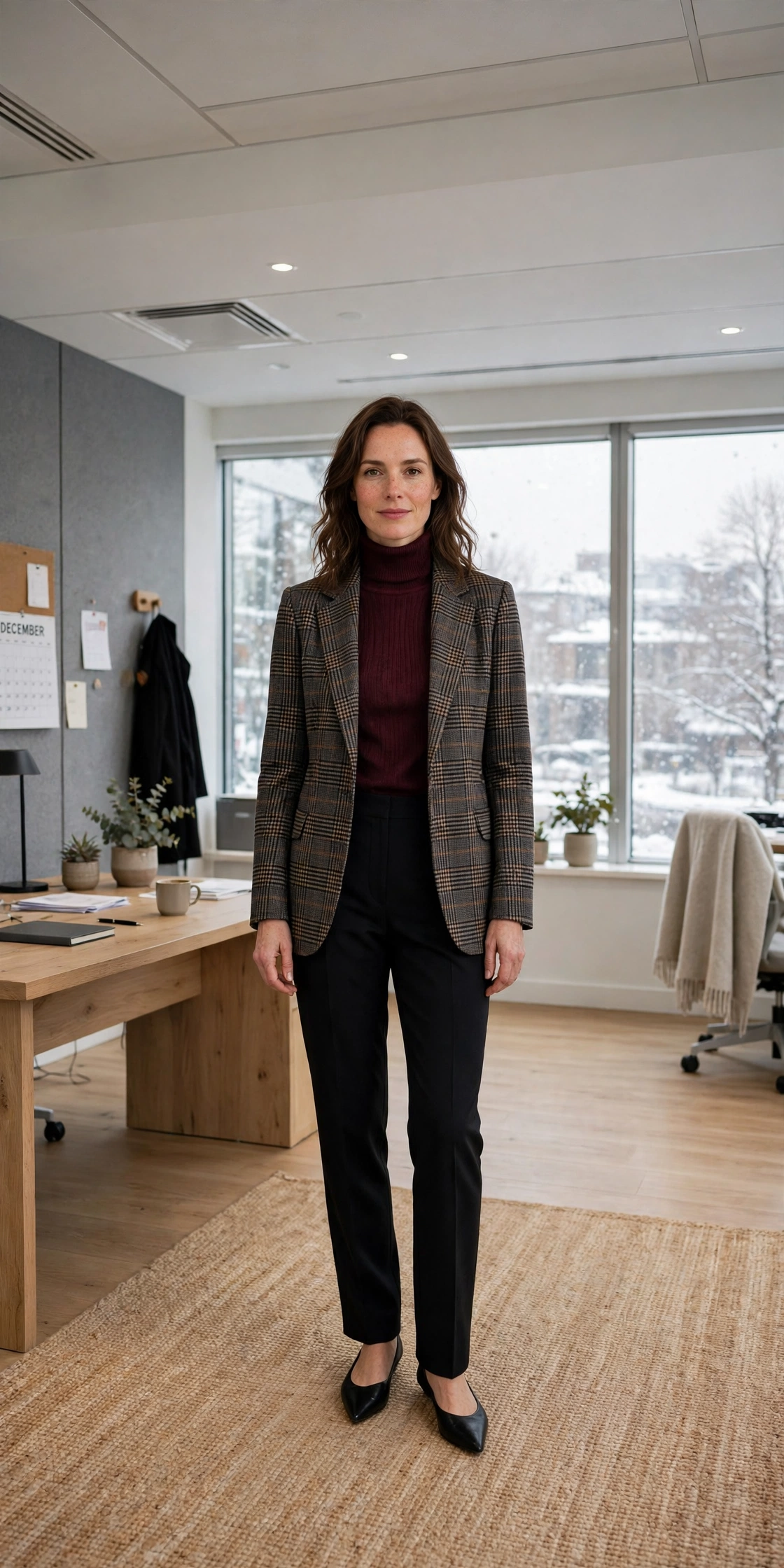 Wine turtleneck, black trousers with a checked blazer and elegant pointed flats