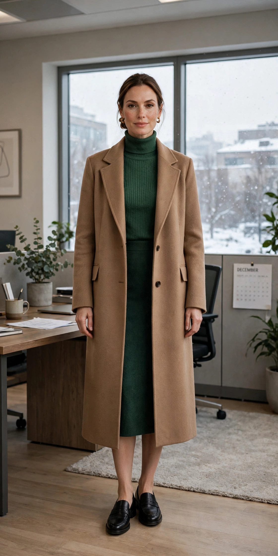 Forest green turtleneck, pencil skirt with a long coat and classic loafers