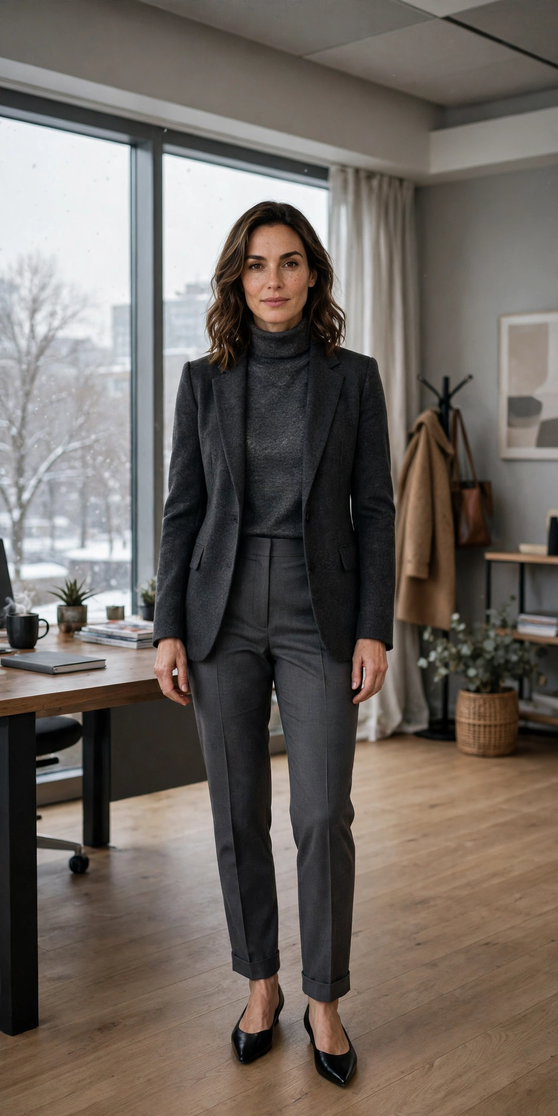 Charcoal turtleneck, tailored trousers with a blazer and elegant pointed flats