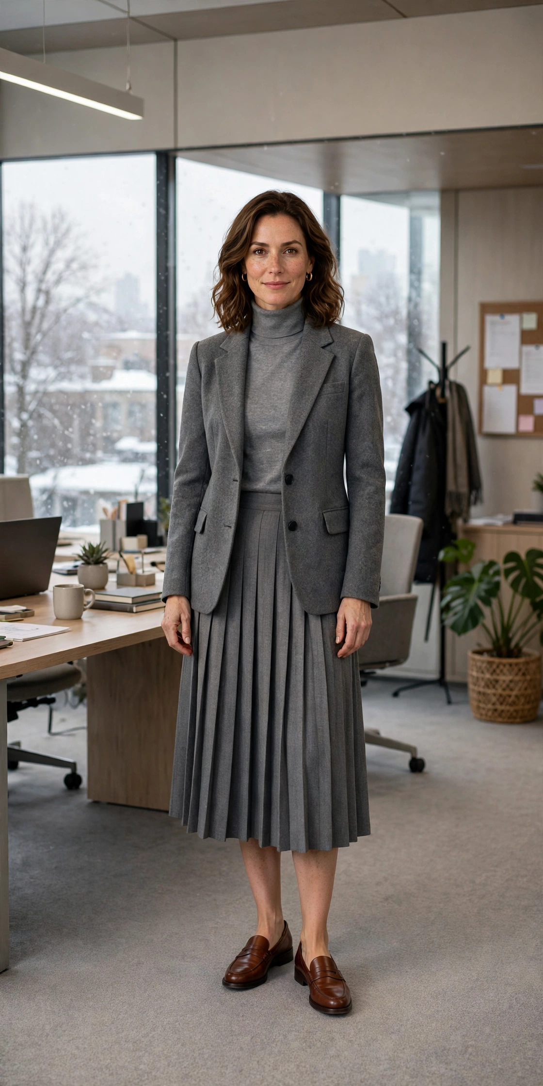 Grey turtleneck, midi skirt with a structured jacket and classic loafers