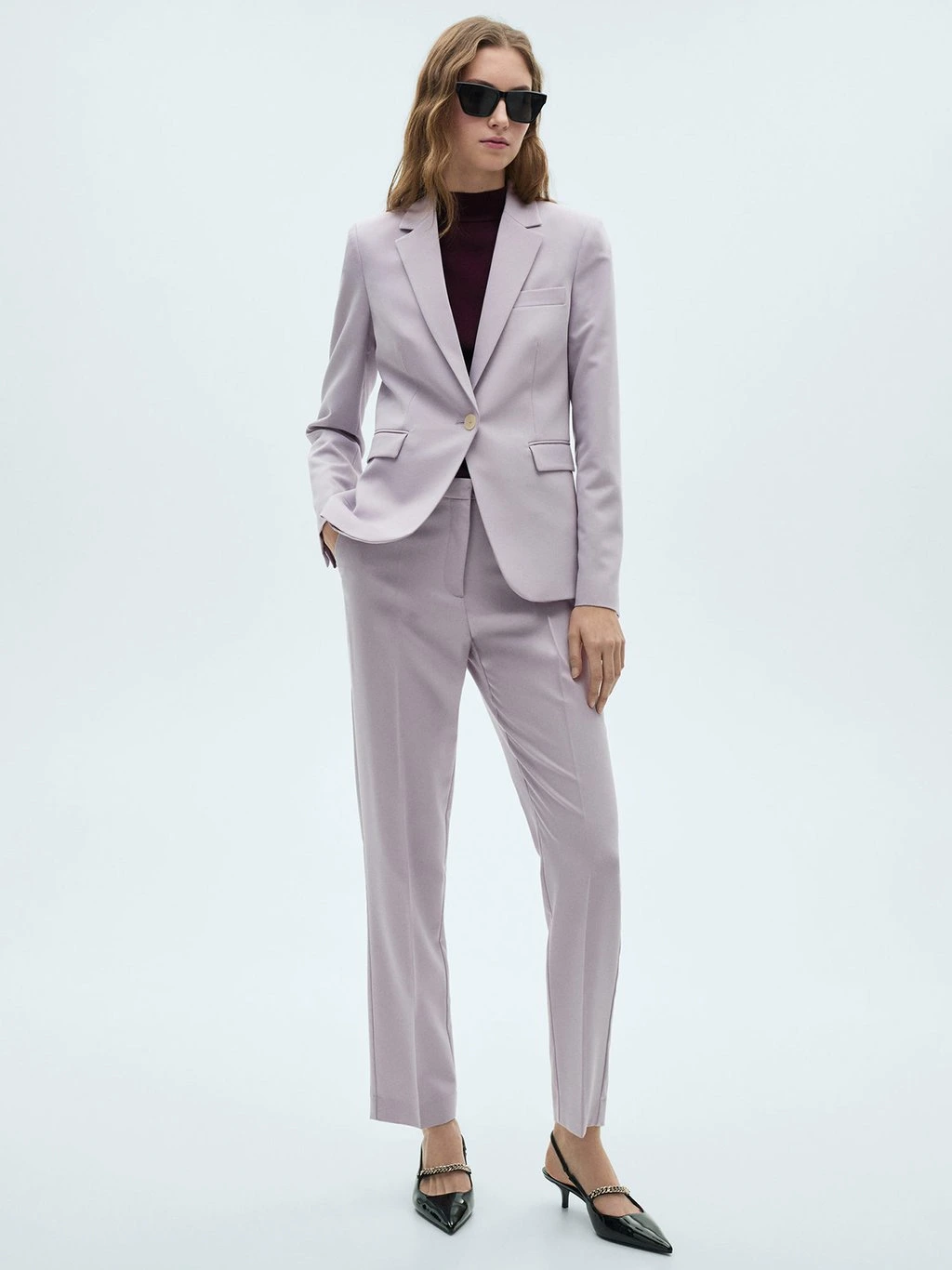 Burgundy turtleneck, tailored trousers with a blazer and kitten heels