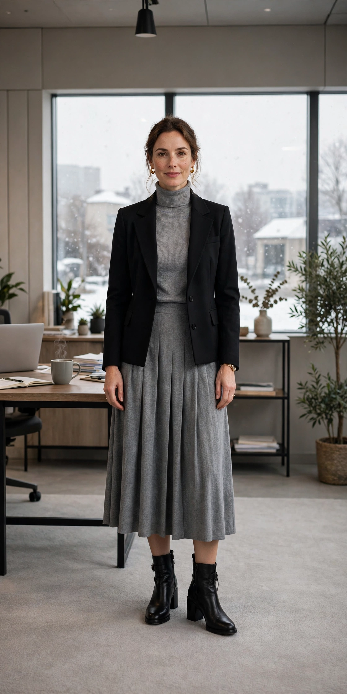 Grey turtleneck, midi skirt with a structured jacket and block-heel ankle boots