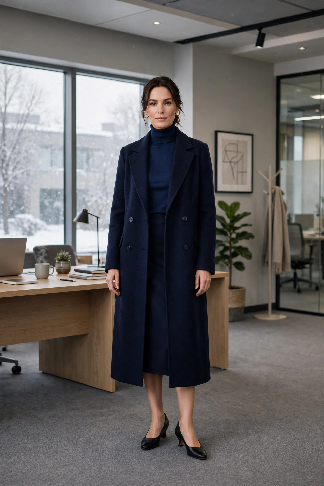 Navy turtleneck, pencil skirt with a long coat and low-heeled pumps